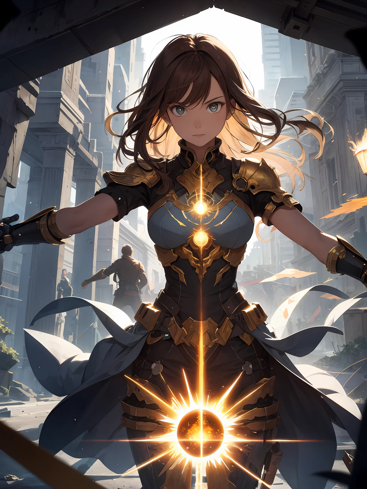 absurd, highres, ultra detailed, (1girl:1.3), BREAK , Sun Knight, solar magic, light manipulation, radiant power, sunbeam attacks, aura of heat, bright armor BREAK , photo manipulation, altered realities, fantastic scenes, digital art, creative editing, evocative narratives, stunning visuals BREAK , kinetic art, moving sculptures, mechanical creations, interactive installations, dynamic movement, engineering ingenuity, captivating visuals, Brown Hair Boy,