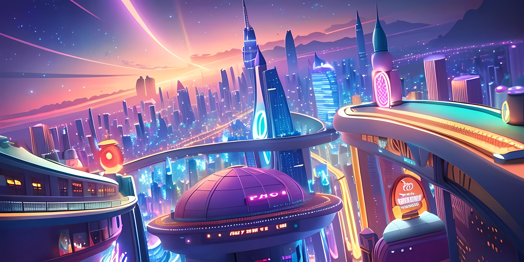 Cartoon game scene, Q version style, cute, bustling city, high-rise building, casino, slot, outdoor scene, starry sky, crazy zootopia style, animated movie scene, Disney, Pixar, concept art, surrealism, cinematic lighting, atmospheric perspective, UHD, high quality, masterpiece