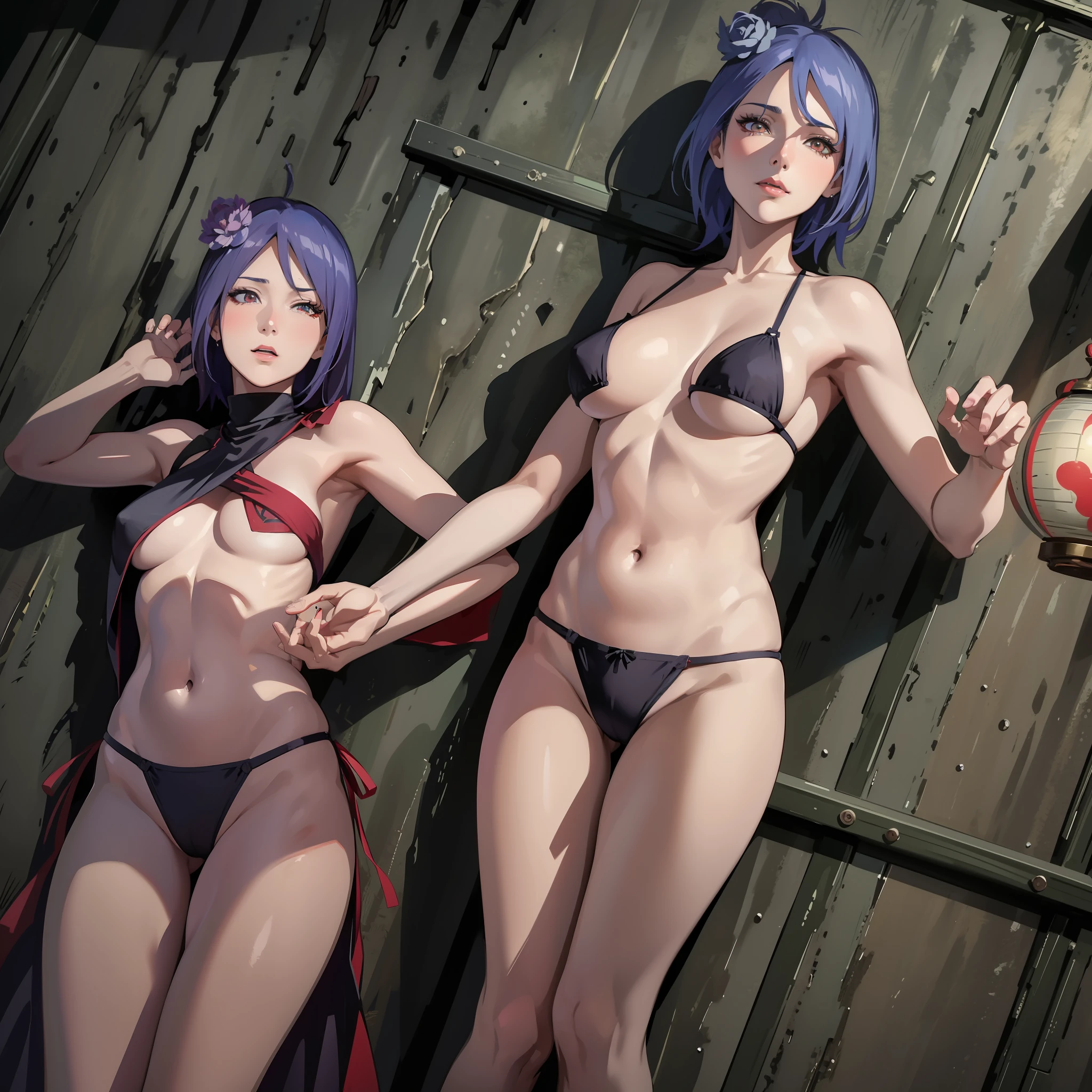 Best quality, masterpiece, highly detailed, more realistic, high definition, Konan Naruto, orange eyes,akatsuki bikini,mature star, realistic breasts, beautiful body, bikini akatsuki big breasts, big ass, short purple hair, woman dancing in the forest, forest in ancient russia, night,lingerie, historical site, antique dress, seduction, make an erotic face, make an erotic face, moonless night, moonless night, blood moon, too little light, too dark, too dark, no light, fog