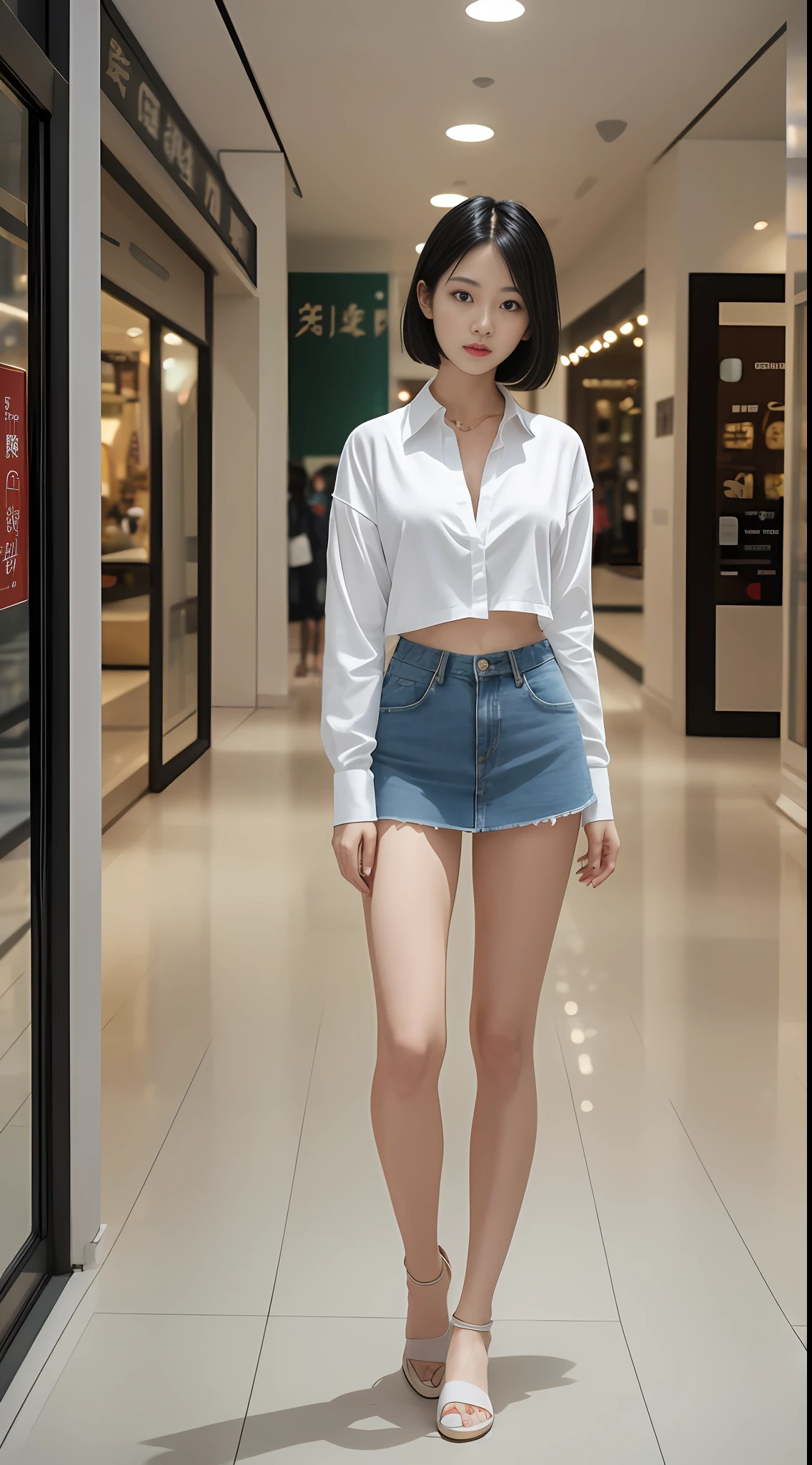 ((dark light, Top Quality, 8k, Masterpiece:1.3)), (Focus:1.2), (in a shopping mall, in China, casual theme, indoor:1.5), (Beauty with slender abs:1.4), ((Layered Haircut, small breast:1.2)), (look through white open shirt:1.6), {no bra:1.5}, (soft clothes, short denim skirt:1.3), Highly detailed face and skin texture, Fine eyes, Double eyelids, whitening skin, (full body:1.4),