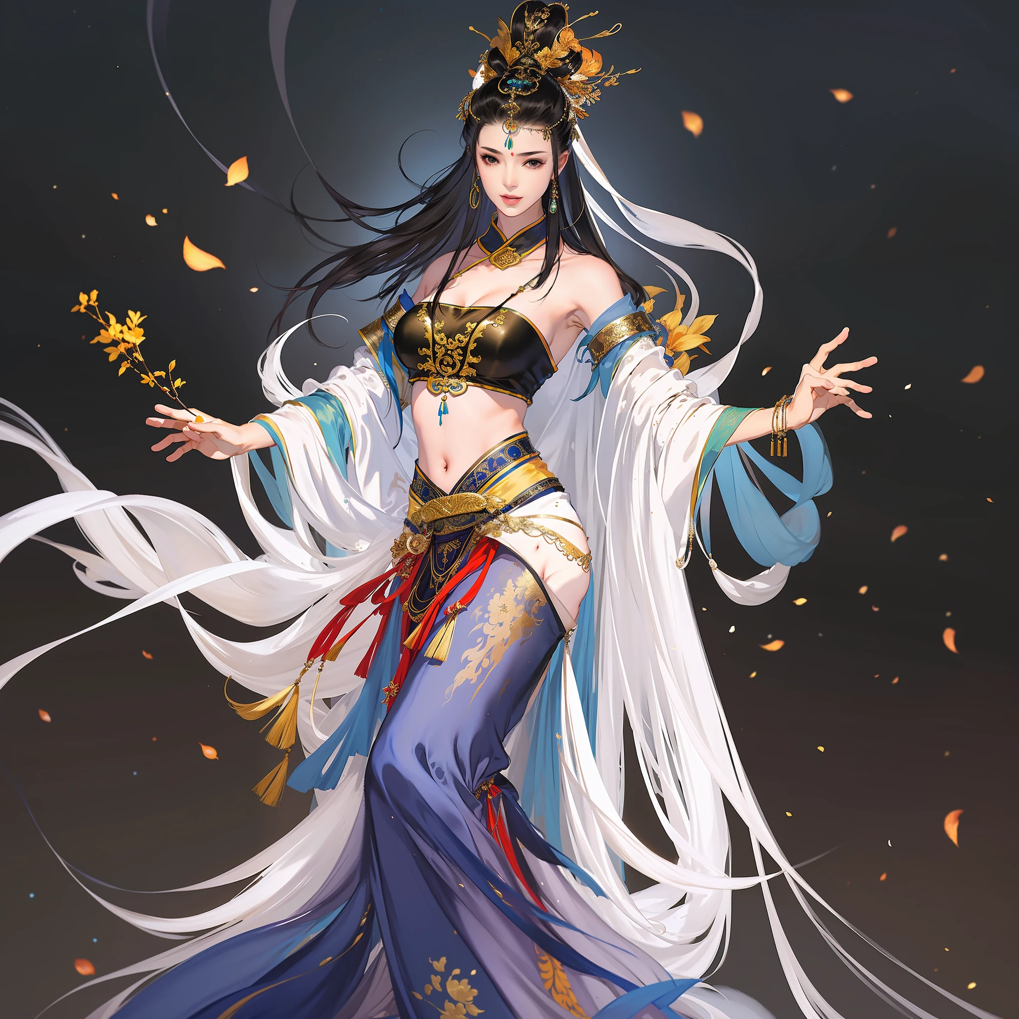 An ancient Chinese girl wearing an Indian dress, full body, exposed shoulders and navel, exotic, dancing, amazing facial features, 3d model, game model, stunning lighting, C4D, OC renderer, pure black background, movie edge light, fine light, masterpiece, super detail, epic composition, super hd, high quality, highest quality, 32k