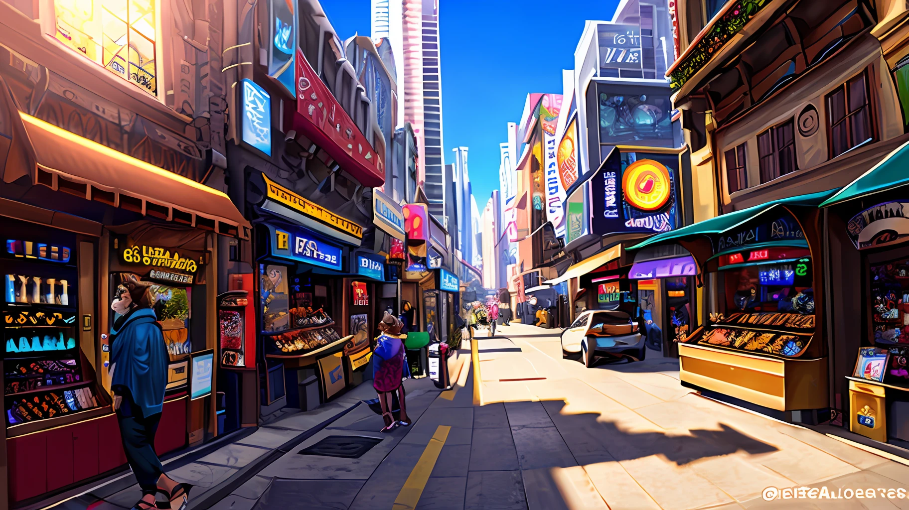 Anthro, white tiger, full body, male, hand paws, tail, strong, yellowish white poncho, light short pants, sandals, modern clothing, ornate clothing, necklace with photo, small short brown hair, abdomen on display, innocent look, warm expression, hairy body, 8K, dynamic lighting, beautiful, ultra detailed, masterpiece, street of a futuristic city.