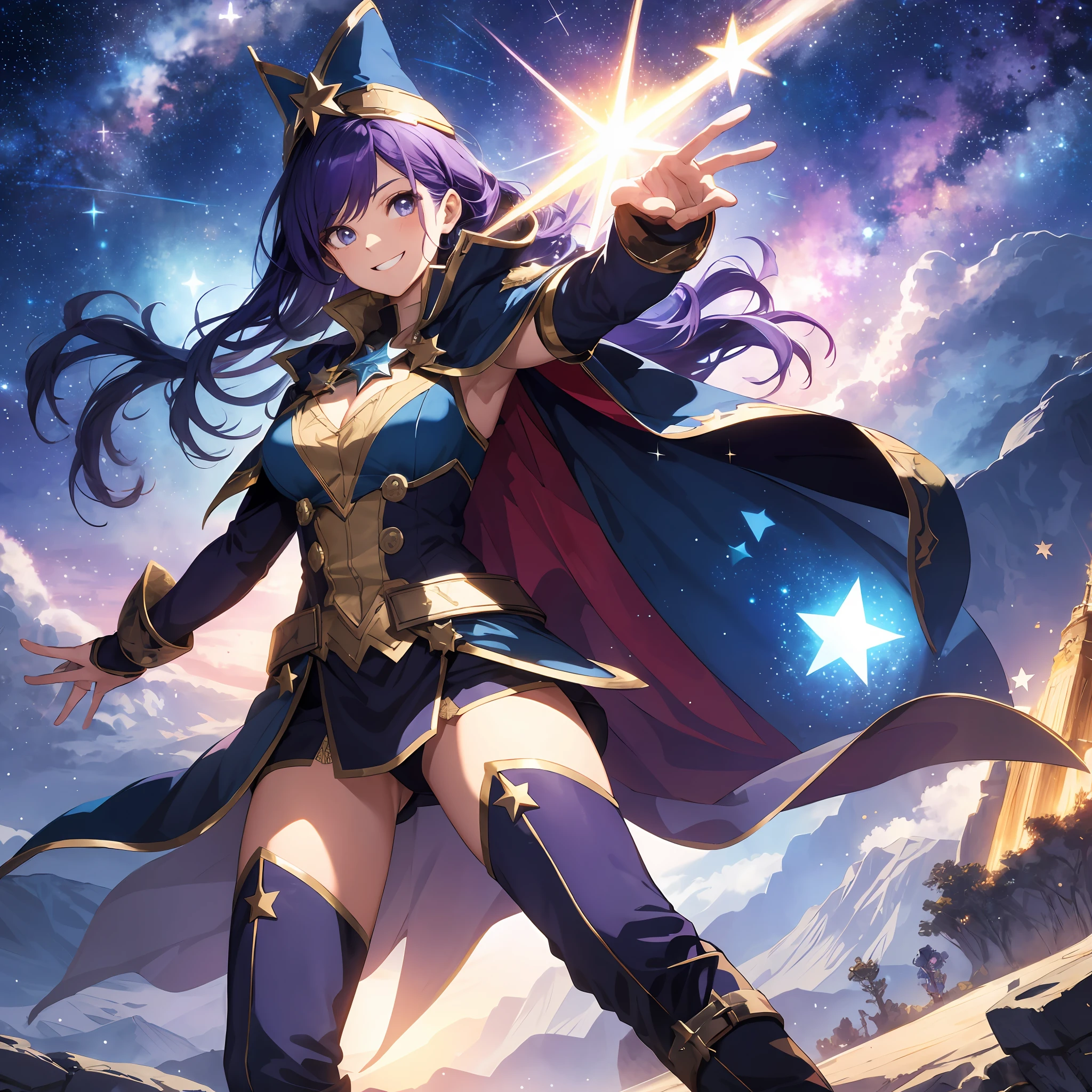 a super heroine with a heroic pose, HD, (Smiling), (Design of her costume related to the stars), (design of her cape with stars), starry sky in the background, Artwork, Magestuous, Beautiful, (purple and blue hair), long hair, ((Design of her costume inspired by a magician)), ((Wizard hat on her head)), (Casting a spell),  cosmic power, stars in his eyes, ((Long boots))