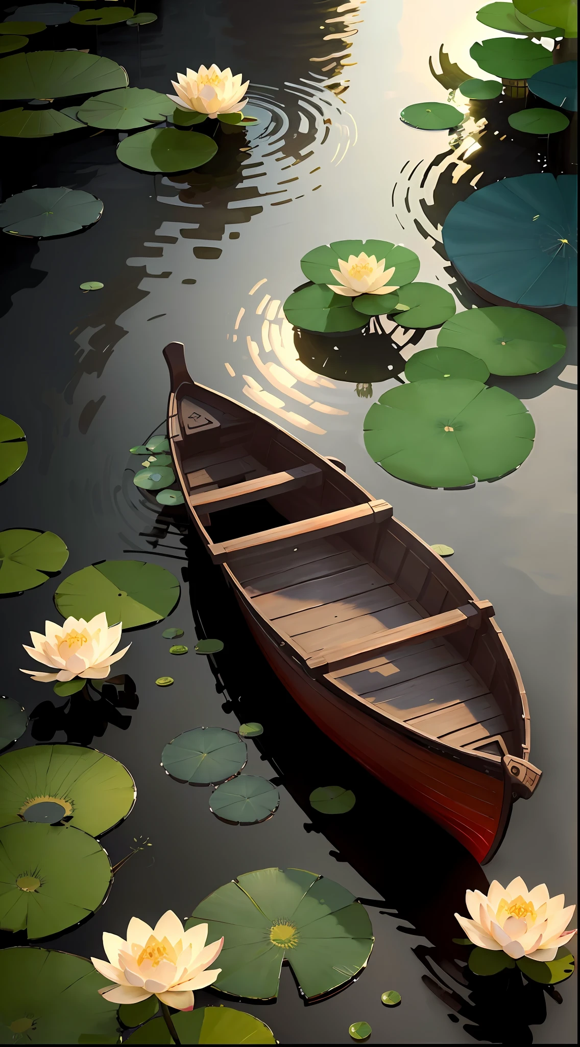 there is a boat that is sitting in the water with lily pads, low detailed. digital painting, very detailed digital painting, serene illustration, beautiful digital painting, highly detailed digital painting, digital painting highly detailed, a beautiful artwork illustration, fantasy. gondola boat, detailed digital painting, beautiful digital illustration, in style of atey ghailan, by Ni Yuanlu