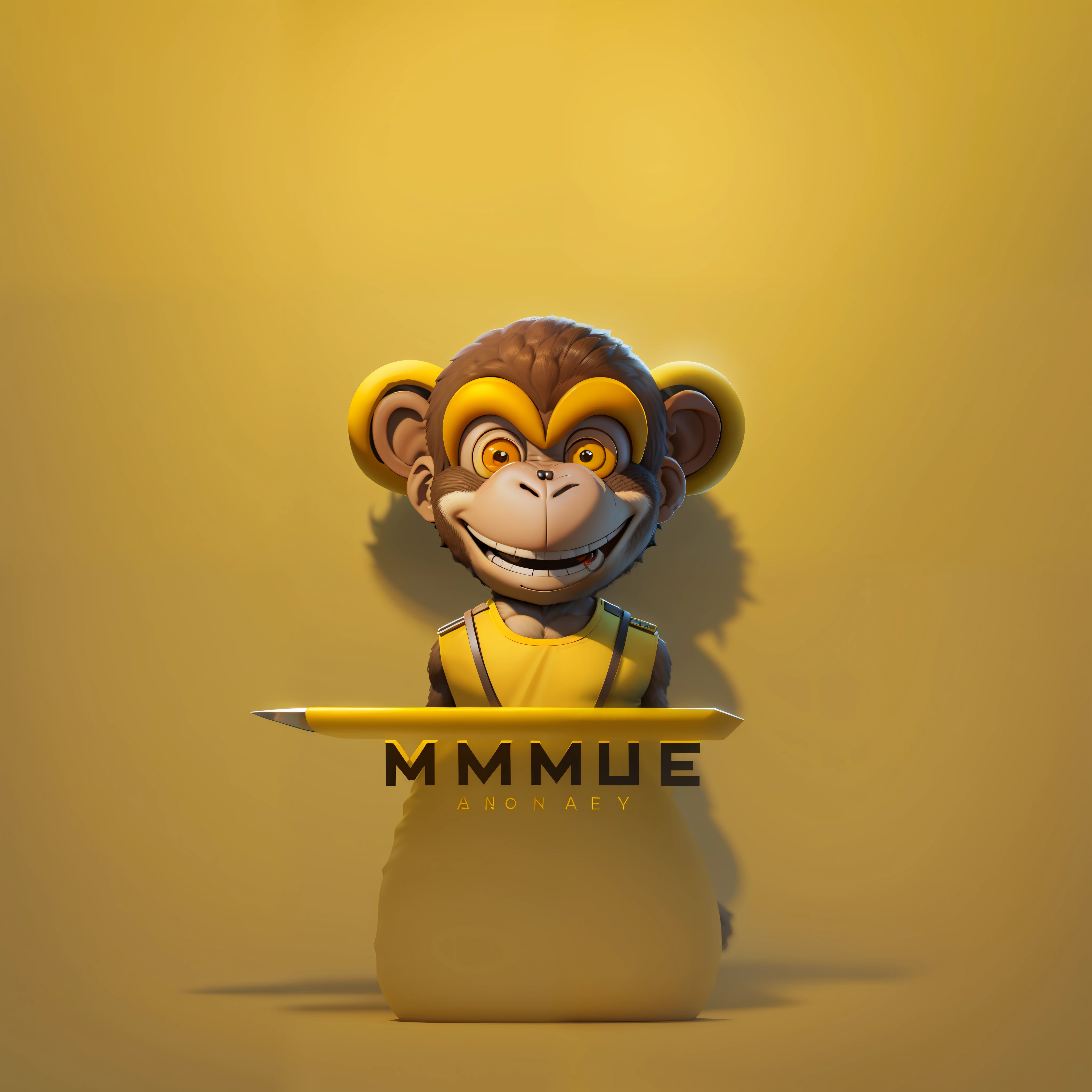 arafed monkey with a yellow shirt and a brown vest, marmoset render, monkey, minimalist cartoon style, marmoset toolbag, by Pablo Munoz Gomez, marmoset toolbag render, extremely high quality artwork, gmunk, minimalistic logo, 3 d logo, high quality character design, clever monkey with a long knife
