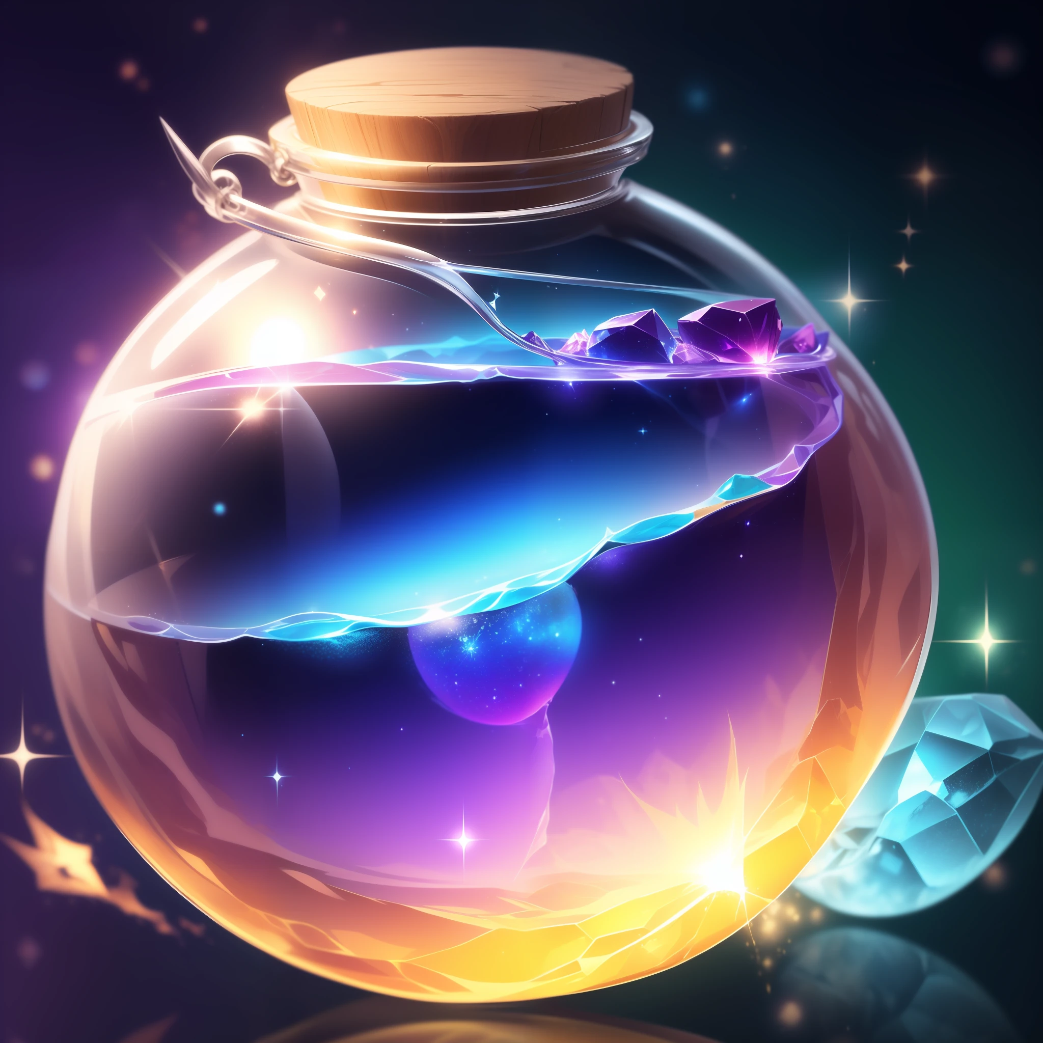 (best quality) colorful magical potion bottle, (crystal clear glass), (magical and mysterious), (glowing liquid), (floating in midair), (shimmering effect), (sparkling stars in background), (high resolution), (fantasy ambiance).