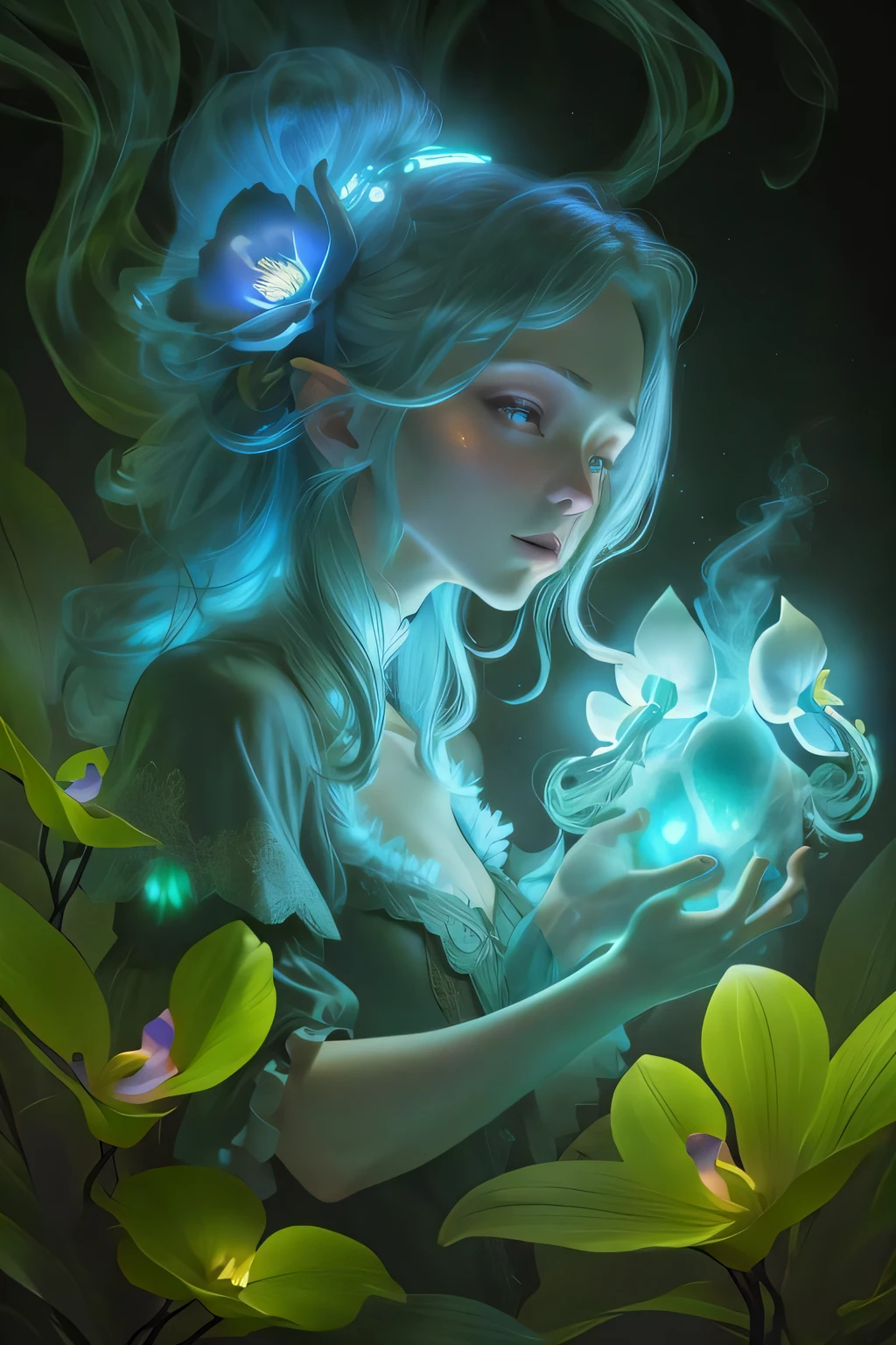 Alayna Lemmer, fantasy, (orchids), (intricate details, darkness) BREAK (bioluminescent flora:1.2), glowing_mushrooms, ((glowing_gems, glowing_stones):1.2), unique, creative, inventive, multicolored smoke BREAK ((highres, masterpiece:1.4, best quality:1.2), (ultra-detailed, 8k), (dynamic composition:1.3)), (video game promotion, concept art)