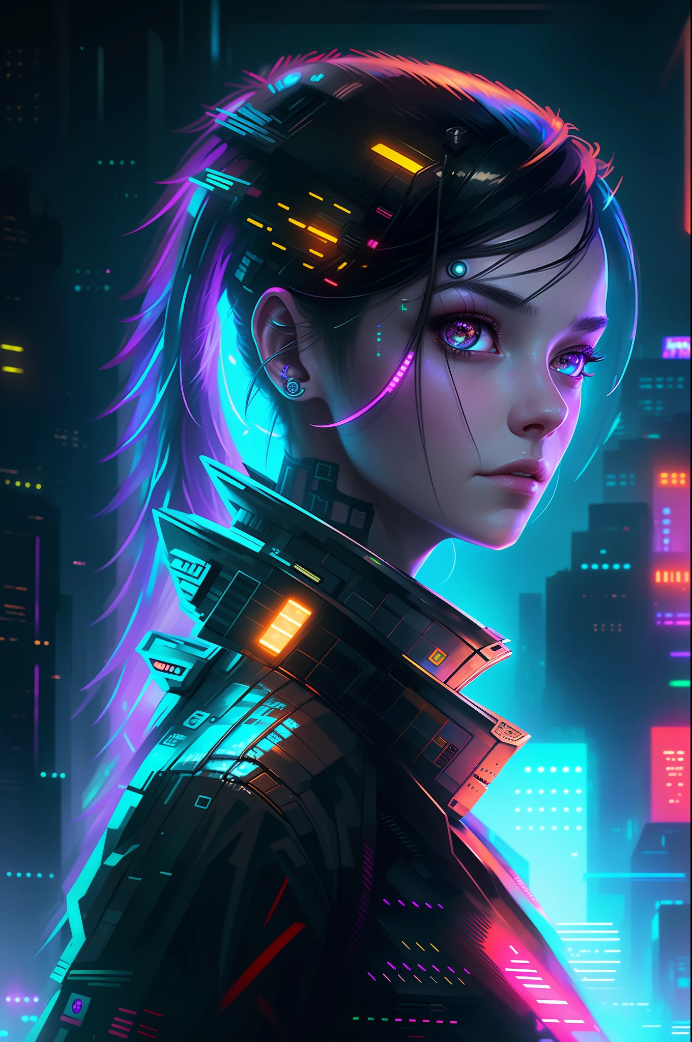 A detailed portrait of a cyberpunk girl with luminous white eyes, dark city background digital art, realistic painting, trends in detailed artstation, ultra high definition, 8K