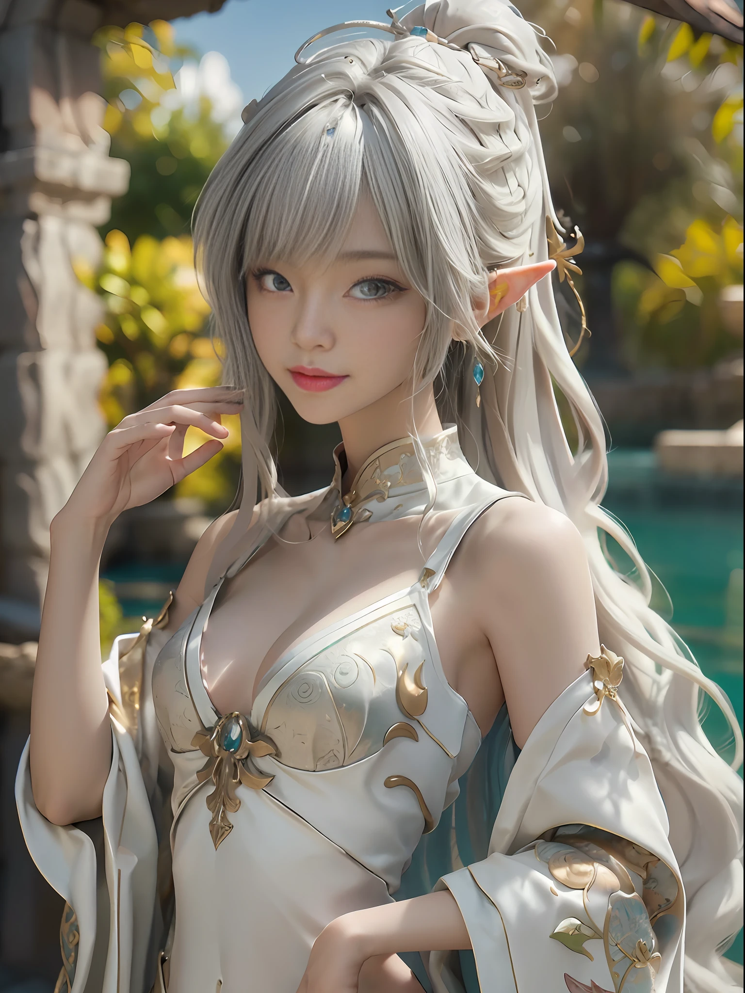 ((Best Quality)), (Masterpiece)), (Details: 1.4), 3D, Anime Half Elf Girl Standing Near Fantastic Fountain, Very Cute, Intense Closeup, Portrait, Portrait, Half-Closed Eyes, Soft Lips Smile, Thin Bikini Style, Showing Golden Hair, Wet Clear Lovely Eyes, Beautiful, Bright Aquamarine and White Chest Abdomen Visible, Highly detailed illustrations with intricately carved silver bows, hieratic visionary style, Shilin huang, light white, multi-layered, bright pastel atmosphere, HDR (High Dynamic Range), ray tracing, NVIDIA RTX, Super Resolution, Unreal 5, Subsurface Scattering, PBR textures, Post-processing, Anisotropic filtering, Depth of field, Maximum clarity and clarity, Multi-layer textures, Albedo and highlight maps, Surface shading, Precise simulation of light-material interactions, Perfect proportions, Octane Render, Two-color light, large aperture, low ISO, white balance, rule of thirds, 8K RAW,