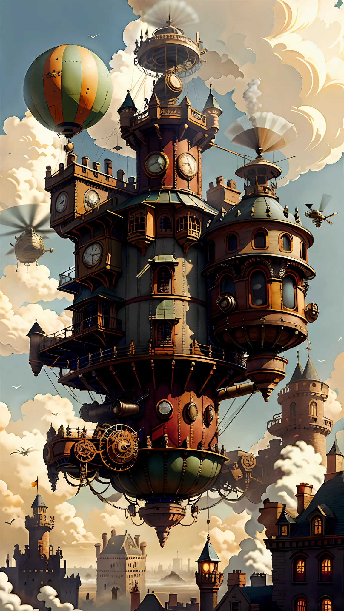 SteamPunkAI, Cogpunk helicopter, city castle, steampunk
