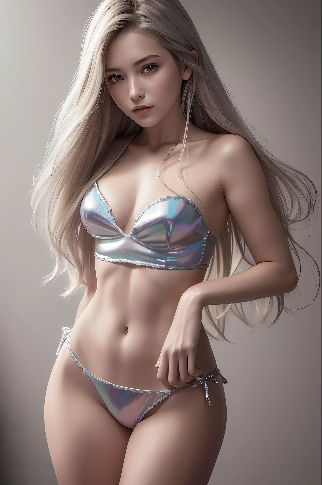 Top Quality, Masterpiece, Ultra High Resolution, (Photorealistic: 1.4), Raw Photo, Film Grain, 1mature Female, Long Hair, Silver Hair, Detailed Eyes and Face, Smile, Holographic Mini Dress with Ruffles, White Panties, Dynamic Lighting, Deep Shadows, Cowboy Shot