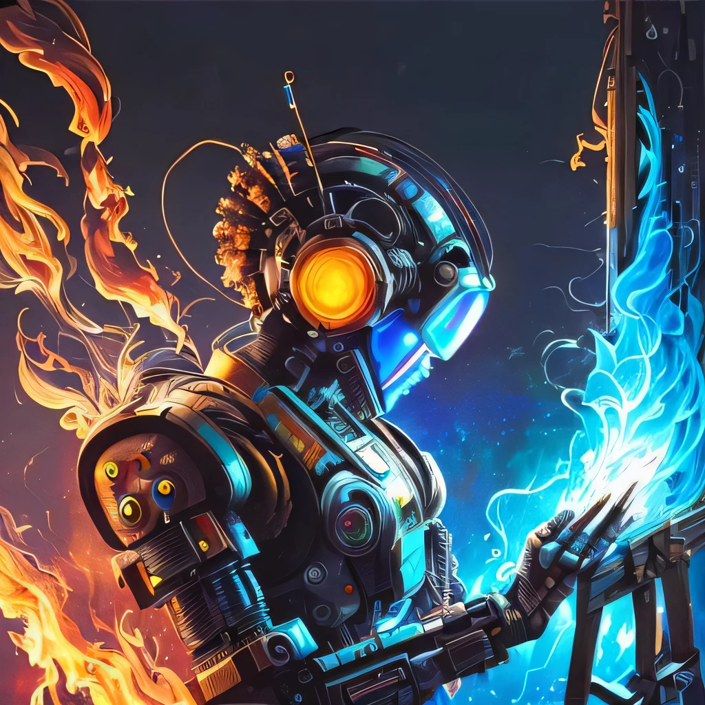 (masterpiece, best quality, highres, absurdres, detailed:1.2), humanoid, robot, wearing headphones, looking away, (cyberpunk, art canvas, paint brush, easel, cables, wires, broken, iridescent, holographic: 1.6), (flames, fire, smoke, overheat, explosion in background)