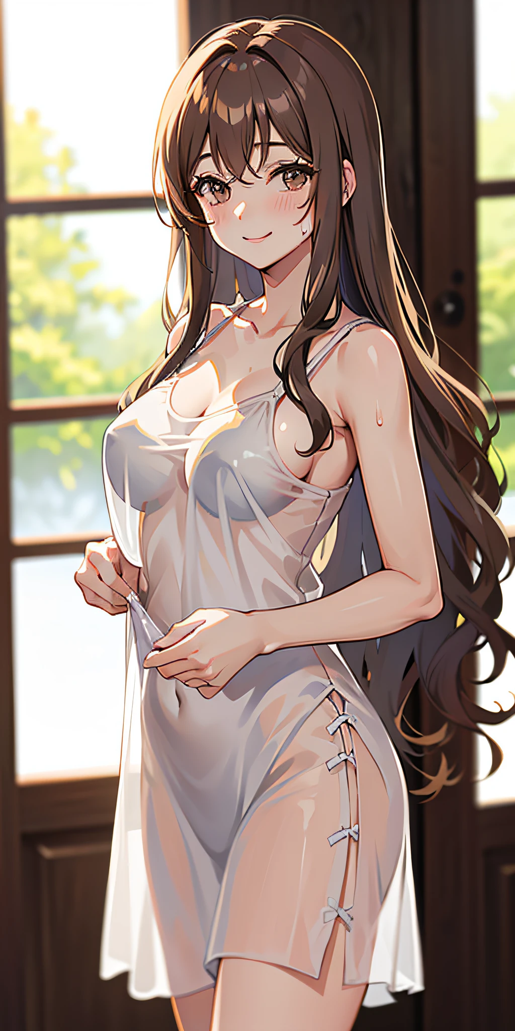 1 adult woman, (smile: 1.4), adult, light brown hair, wavy long hair, big, J-cup, (: 1.4), (see-through: 1.4), (hanging: 1.3), (white camisole: 1.4), (sweating: 1.2),
