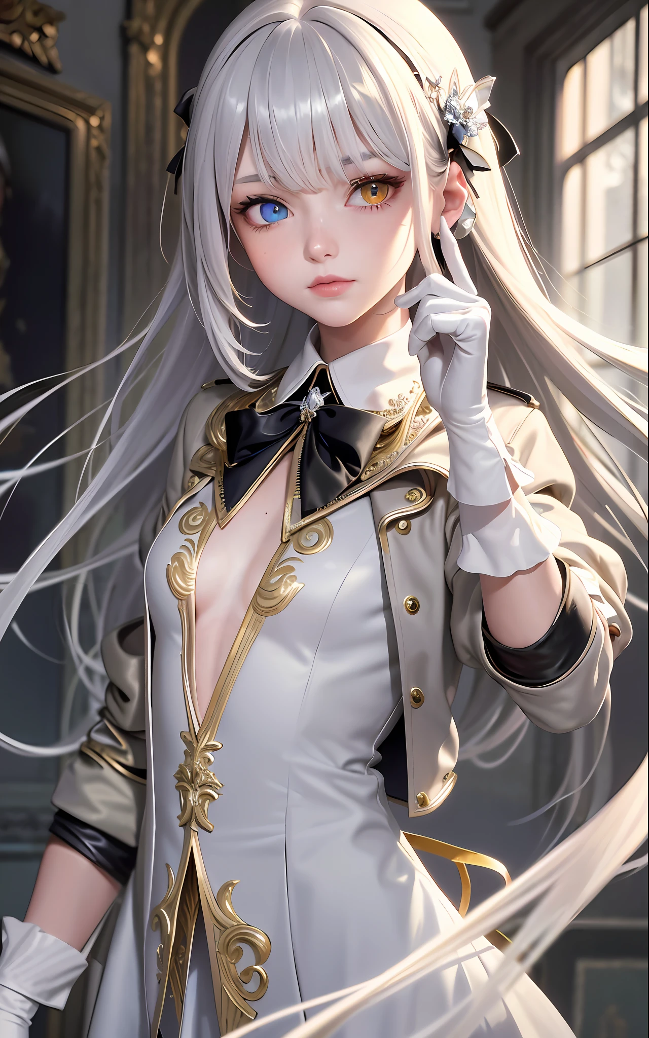 Superb Quality, Masterpiece, High Resolution, Best Quality, UHD, Super Detail, Award-Awarded, 16k, (Upper Body), A Beautiful Maiden, Gray Hair, Hair, ((Heterochromia)), Hanging Eyes, Fair Skin, (Small Breasts), (Slim Body), ((Uniform with Short Jacket)), (Ribbon Collar), (Short Gloves as Short as Half a Palm)