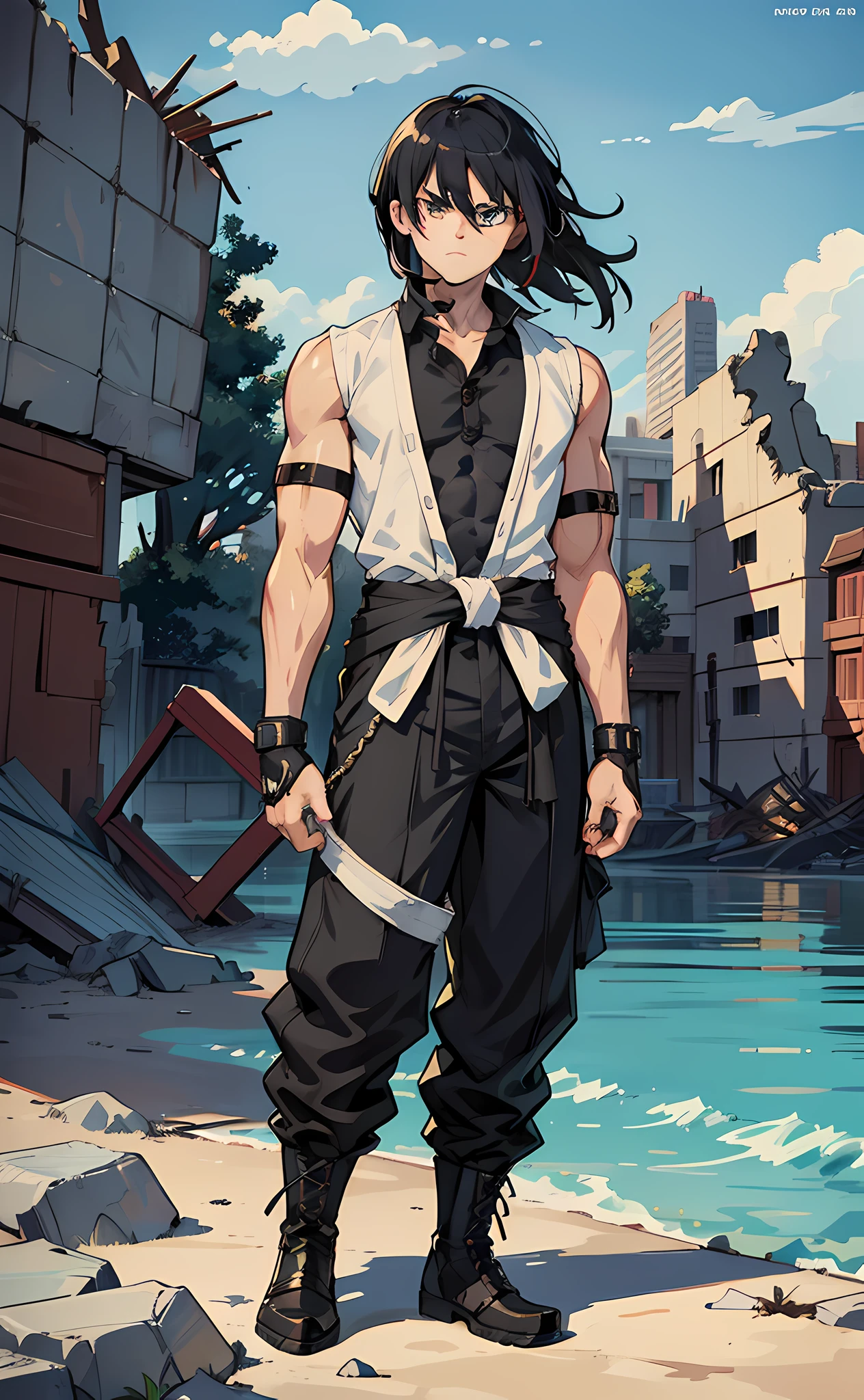 The manga cover you described is a visual masterpiece, combining the Guilty Gear -Strive- style with the artistic influence of Yusuke Murata. It is full of details and has several layers of colors, providing a rich and dynamic look. The background scene depicts a destroyed city, with rubble and ruins scattered all around. The scenery is engulfed in flames, which burn intensely, creating a chaotic and energetic environment. The protagonist is a young man of , with an imposing height of 1.85 meters. His skin is white and his eyes are striking, deep and black, conveying a fierce determination. His body is athletic and well-defined, with sculpted and trained muscles. Every anatomical detail is carefully represented, providing a sense of realism and strength. He wears a black shirt with blue accents, short sleeves that go down to his shoulders and a collar that covers his neck. The collar has a "V" detail, adding a stylish touch to your look. His pants are a greyish blue hue, complementing the shirt. He wears detailed boots in black color, with blue laces, which add an interesting contrast to his costume. A workout band is tied around his waist. Her hair is black as night and falls down to her shoulders, with movement in the wind, adding dynamism to the scene. His face expresses seriousness and defiance, conveying a relentless determination. He wears black gloves with gold accents, highlighting his strong and powerful fists. Your muscles are well defined and trained, displaying your strength and physical ability. The cover depicts the protagonist in a frontal pose, looking directly at the camera, intensifying his imposing and challenging presence. The bustling city in the background conveys the feeling of life and energy, with stronger colors in Mappa style. The muscular details of his arms are emphasized, further highlighting his strength and endurance. The cover is created in high definition 4K, I allowed