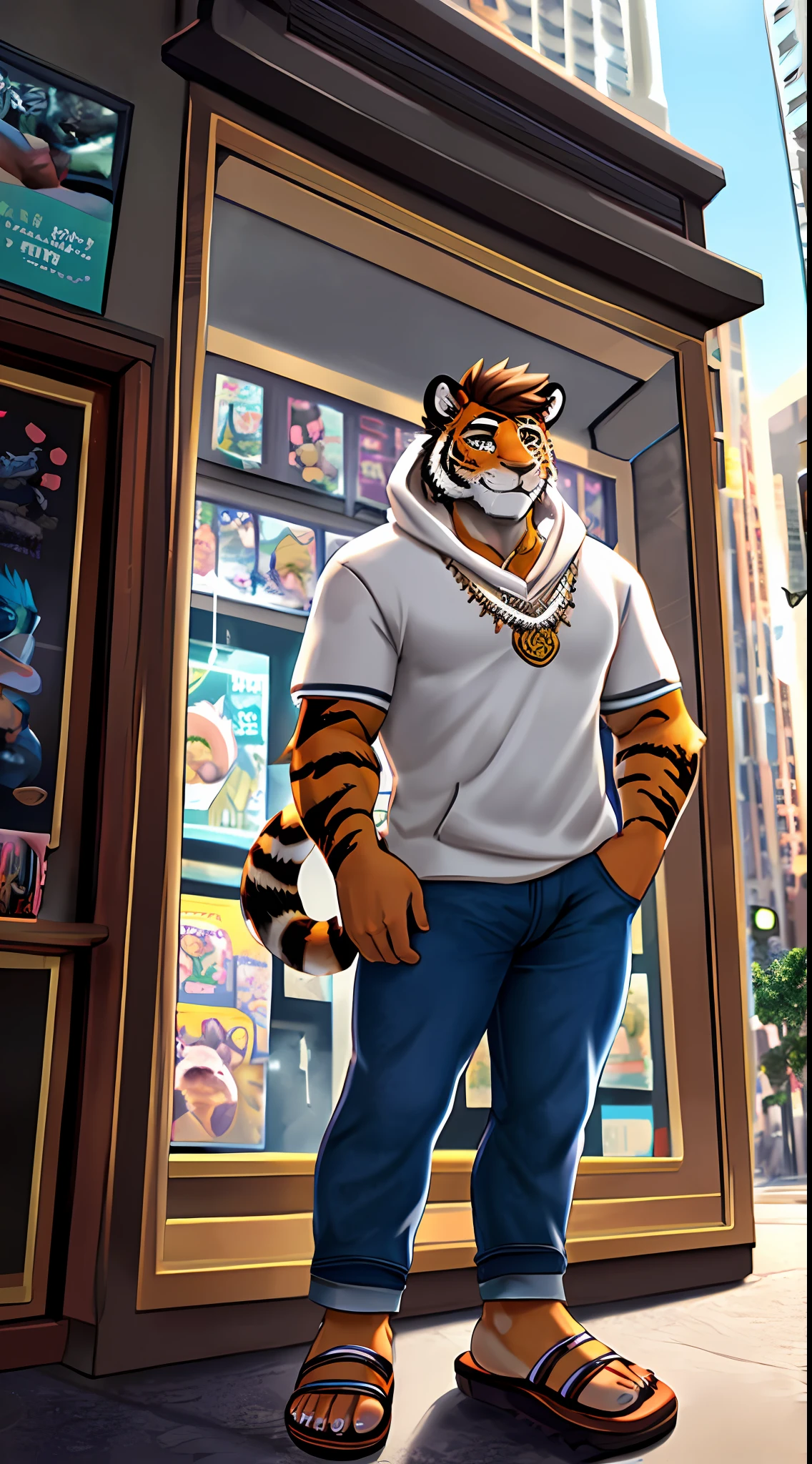 Anthro, white tiger, full body, male, adult, hand paws, tail, strong, yellowish white poncho, light short pants, sandals, modern clothing, ornate clothing, necklace with photo, short brown hair, abdomen on display, innocent look, warm expression, hairy body, 8K, dynamic lighting, ultra detailed, masterpiece, street of a futuristic city.