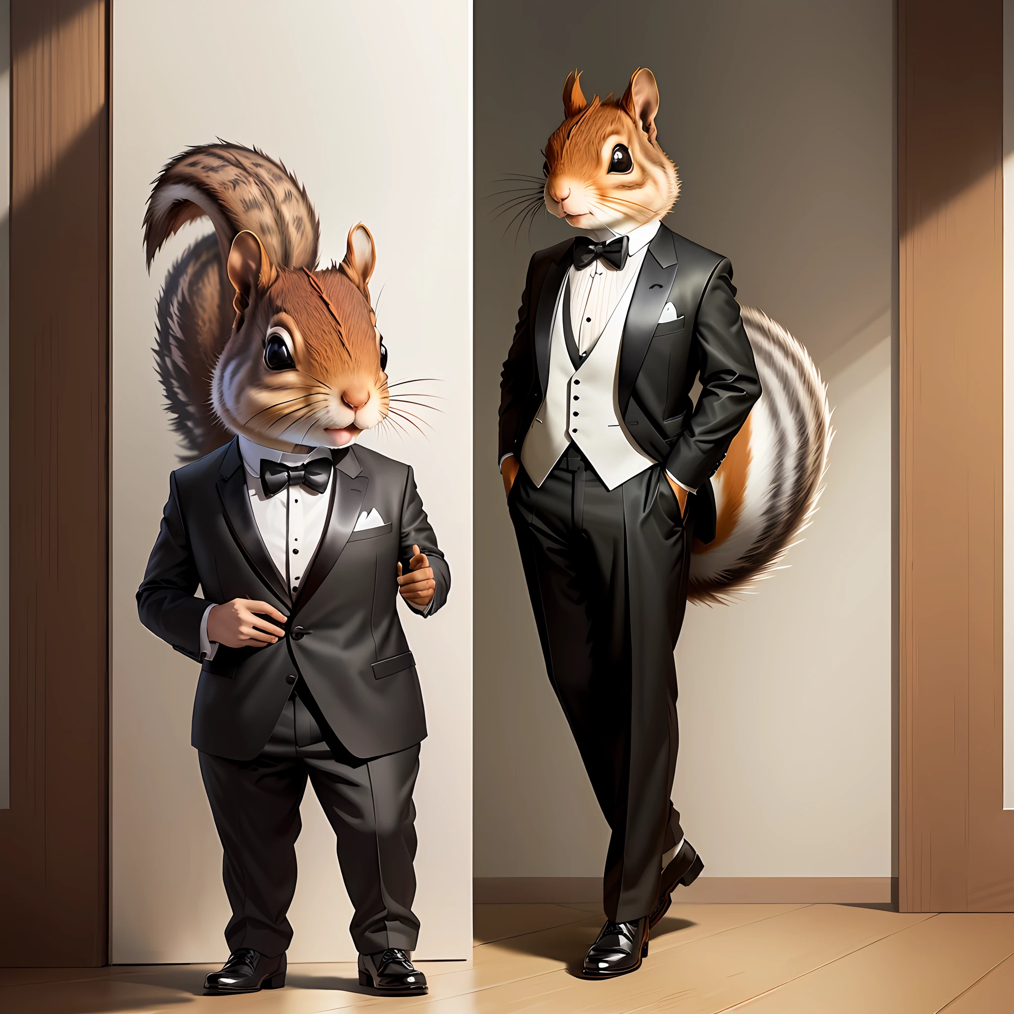 Squirrel wearing a tuxedo, concept art, line art, 4k, in the style of Norman Rockwell