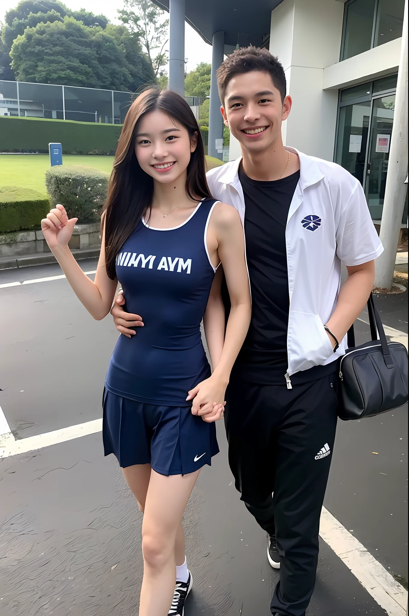 Girl in navy blue high-leg school swimsuit, ager, smiling, boy in gym clothes, holding hands, carrying student bag, walking, [Japan residential area]