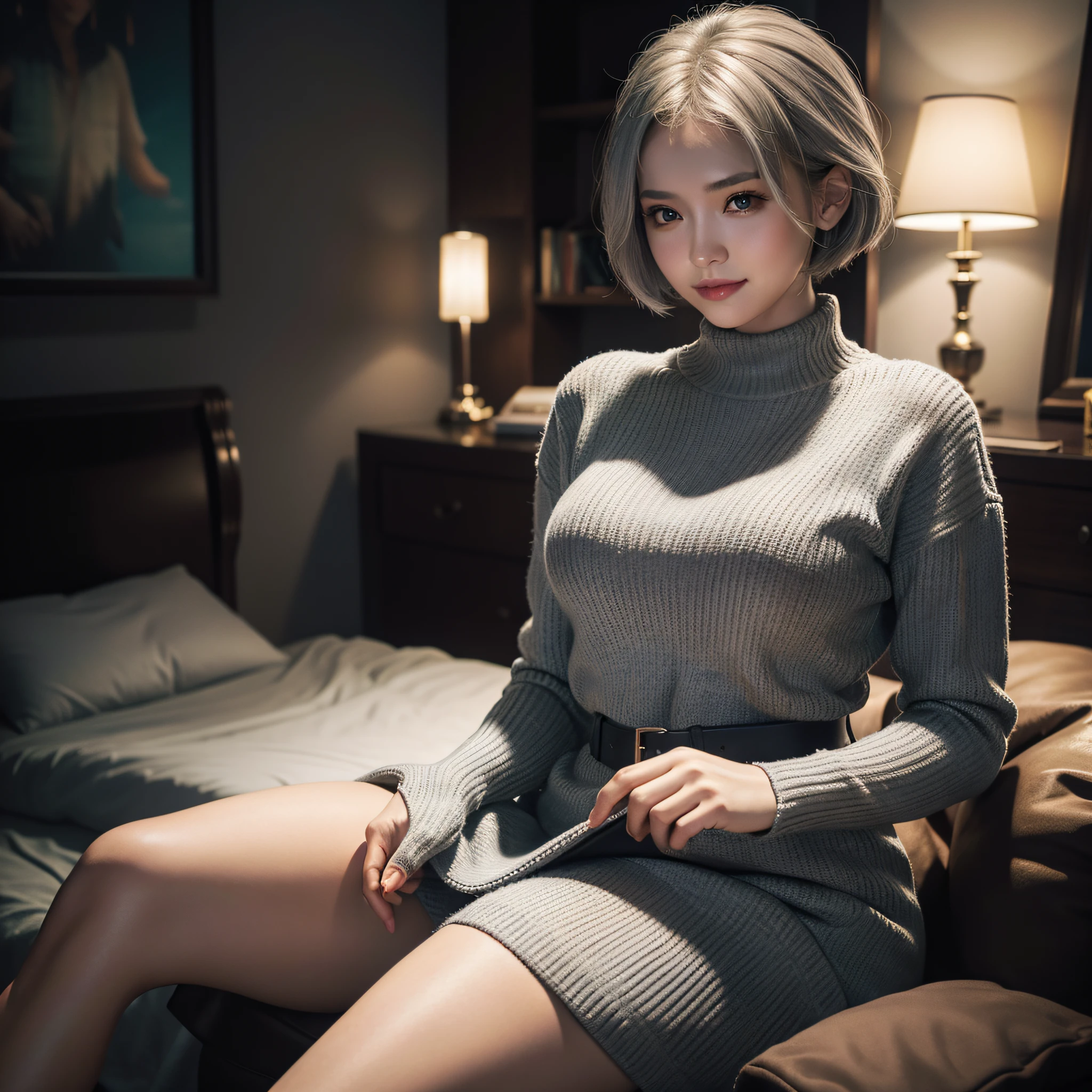 Full body, gray hair, (Dragoon: 1.2), Brant Bang, masterpiece, top quality, official art, very elaborate CG Unity 8K wallpaper, for girls, ultra high resolution, (photorealistic: 1.4), golden hour lighting, sweater dress, (upper body), (platinum shorthair: 0.8), (puffy eyes), looking at the viewer, frontal, smile, medium breasts, shirt lift, Gloves, shorthair