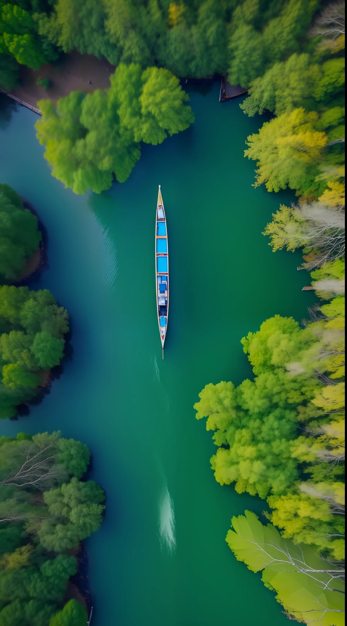 Live view High contrast Ultra HD picture quality People sitting in a boat racing Dragon boat Aerial view Top looking down Drone photography Low saturation Cinematic texture Light Dark green tree Blue water surface Trees up and down The middle is the river water Branches fall from the water