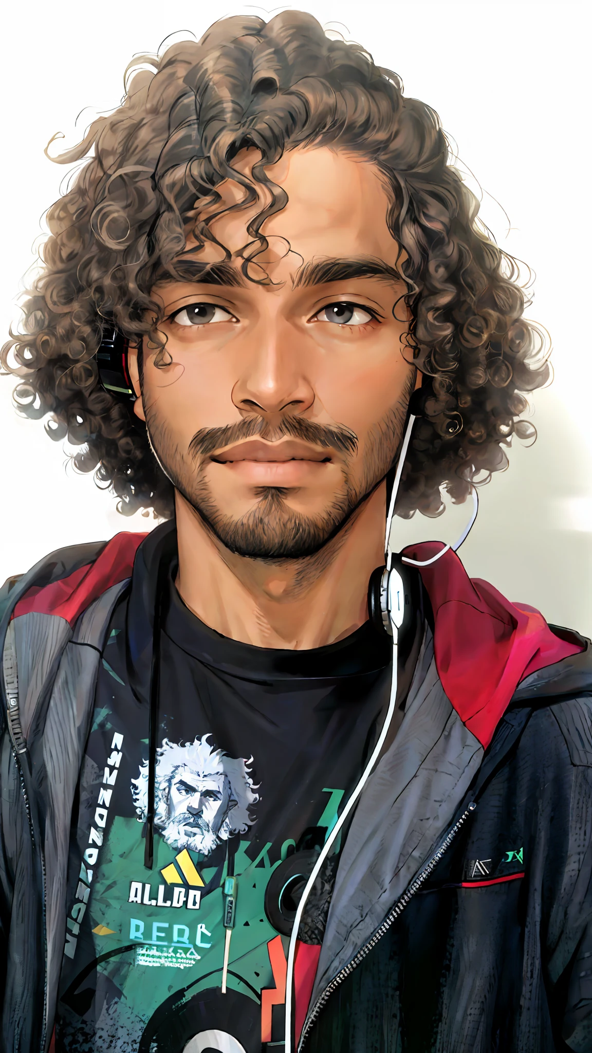 Arafed man with curly hair and headphones wearing a hoodie, about 1 9 years old, profile picture 1024px, no beard, no beard, headshot profile picture, with long curly hair, with afro, with headphones, no beard and mustache, a black man with long curly hair, Saadane Afif