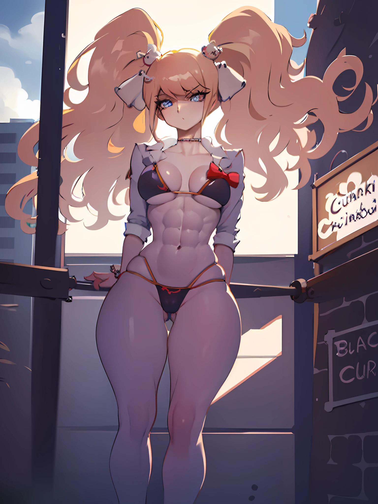 masterpiece, best quality, highest quality, photorealistic, perfect anatomy, perfect face, perfect eyes, JunkoDG, junko enoshima, 1girl, adult female, dull blue eyes, strawberry-blonde hair, medium hair, twintails, huge breasts, covered, thong bikini, black g-string, whale tail \(clothing\), bottom heavy, bubble butt, Apple_butt, dat ass, huge ass, hyperass, bikini top, outdoors, (shortstacki:1.2), flat chest, covered, erect, puffy, narrow waist, abs, toned abs, toned physique, cameltoe, fat mons, partially visible, long legs, thighs,