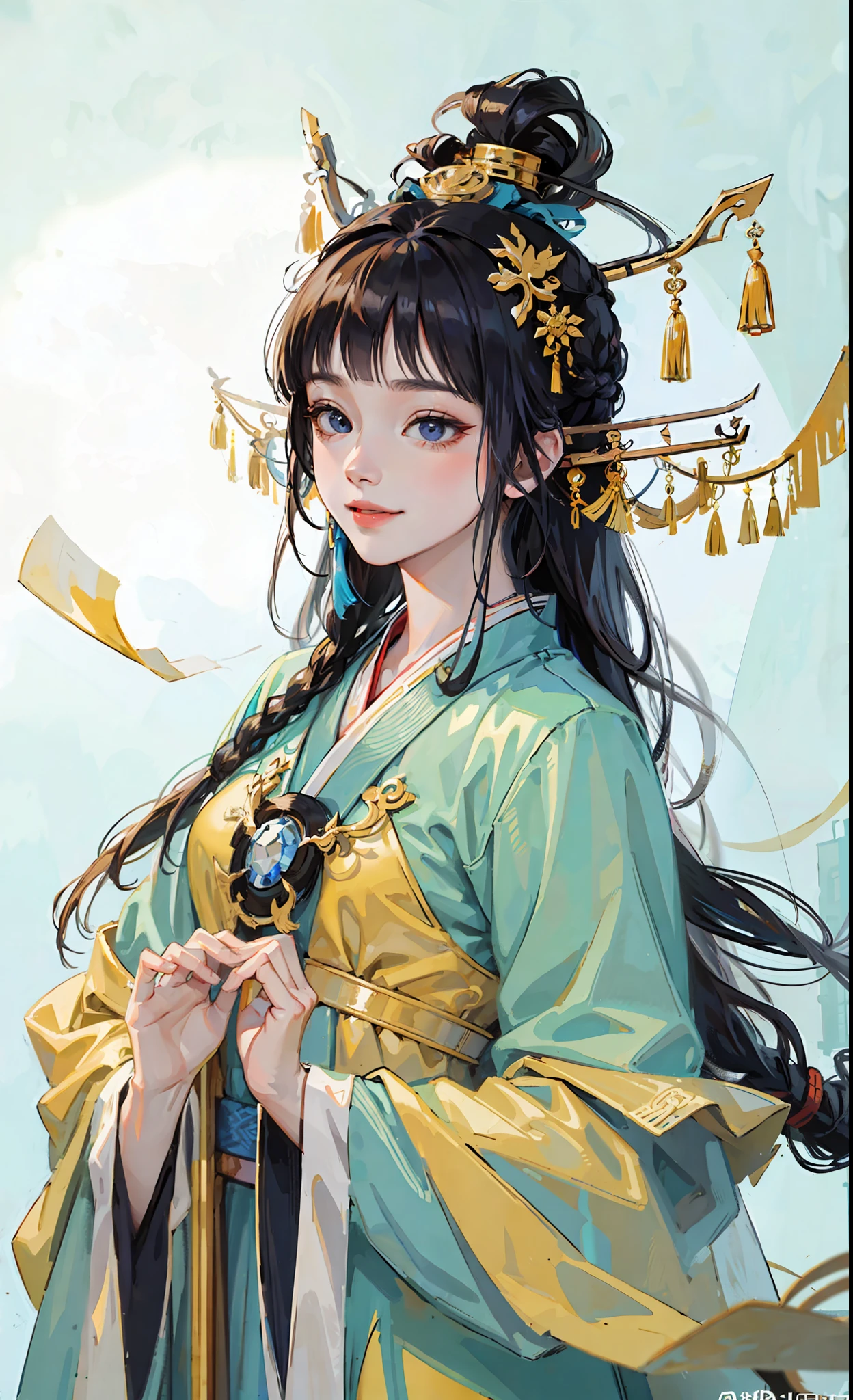 A girl, ancient Chinese costume, whole body, sunshine, clear face, clean white background, masterpiece, super detail, epic composition, ultra HD, high quality, extremely detailed, official art, uniform 8k wallpaper, super detail, 32k, ((blunt bangs)), extremely detailed character, detailed lips, dark blue hair, hinata/(boruto/), smile, ((long hair))