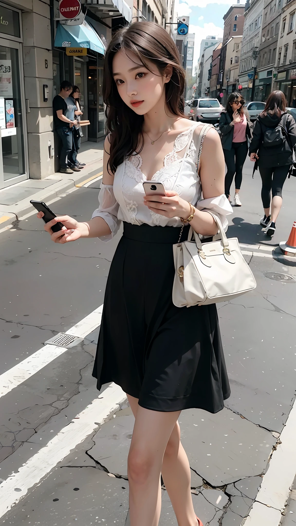 Beautiful woman, fiddling with cell phone in the middle of the street, short clothes