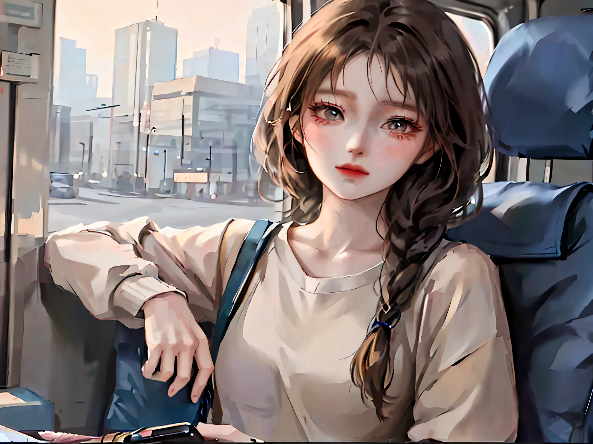 anime girl sitting on a bus looking at her cell phone, beautiful anime girl, realistic anime artstyle, attractive anime girl, anime style. 8k, portrait anime girl, artwork in the style of guweiz, beautiful anime portrait, anime realism style, pretty anime girl, realistic cute girl painting, realistic anime 3 d style, cute anime girl, realistic young anime girl