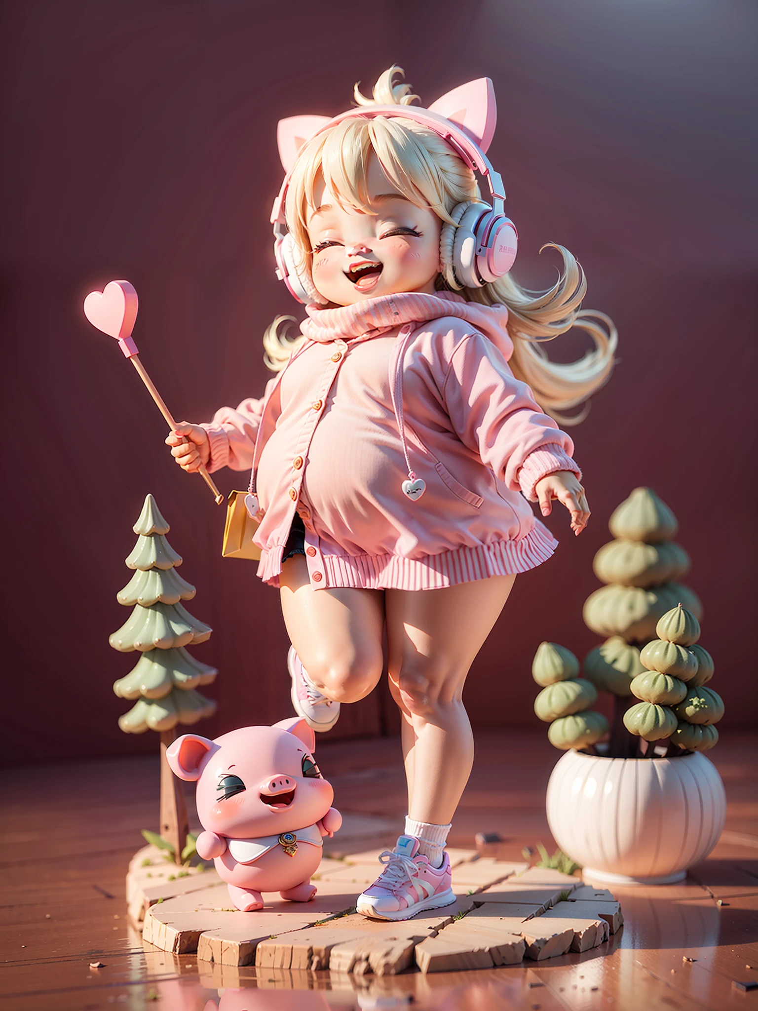 (Masterpiece), (Excellent), (Ultra Detailed), (Full Body: 1.2), (Solitary), Pink Theme, Piggy Magician, Cute, Open Mouth, Smile, Headphones, Chubby, Popmart Blind Box, Clay Texture, Stepping on the Earth, Black and White Background, Natural Light, Best Quality, Ultra Detail, 3D Art, C4D, OC Renderer, 3D Rendering, 8K