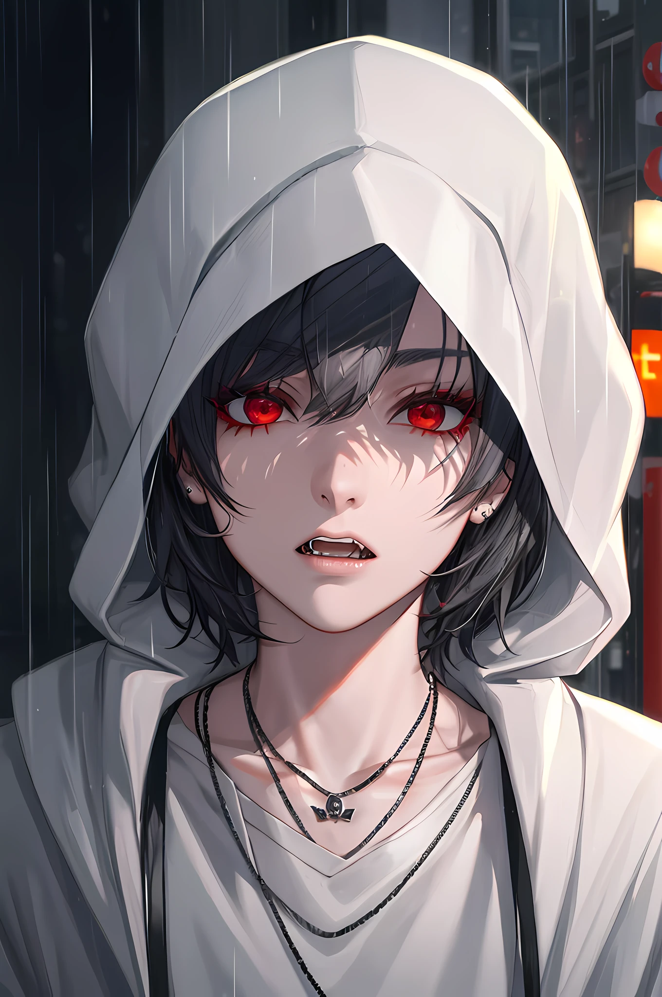 kk, best quality, more details, mastery, 1boy, kaneki ken, portrait, male focus, red eyes, solo, bangs, looking at viewer, hood, short hair, rain, tokyo tokyo \(city\), bandana, nail polishing, gray hair, luxury, 8k, details, Ray tracing, depth of field, cinematic lighting, black hair, two fangs like beast-like teeth, blood at the corners of the mouth wearing a skull necklace