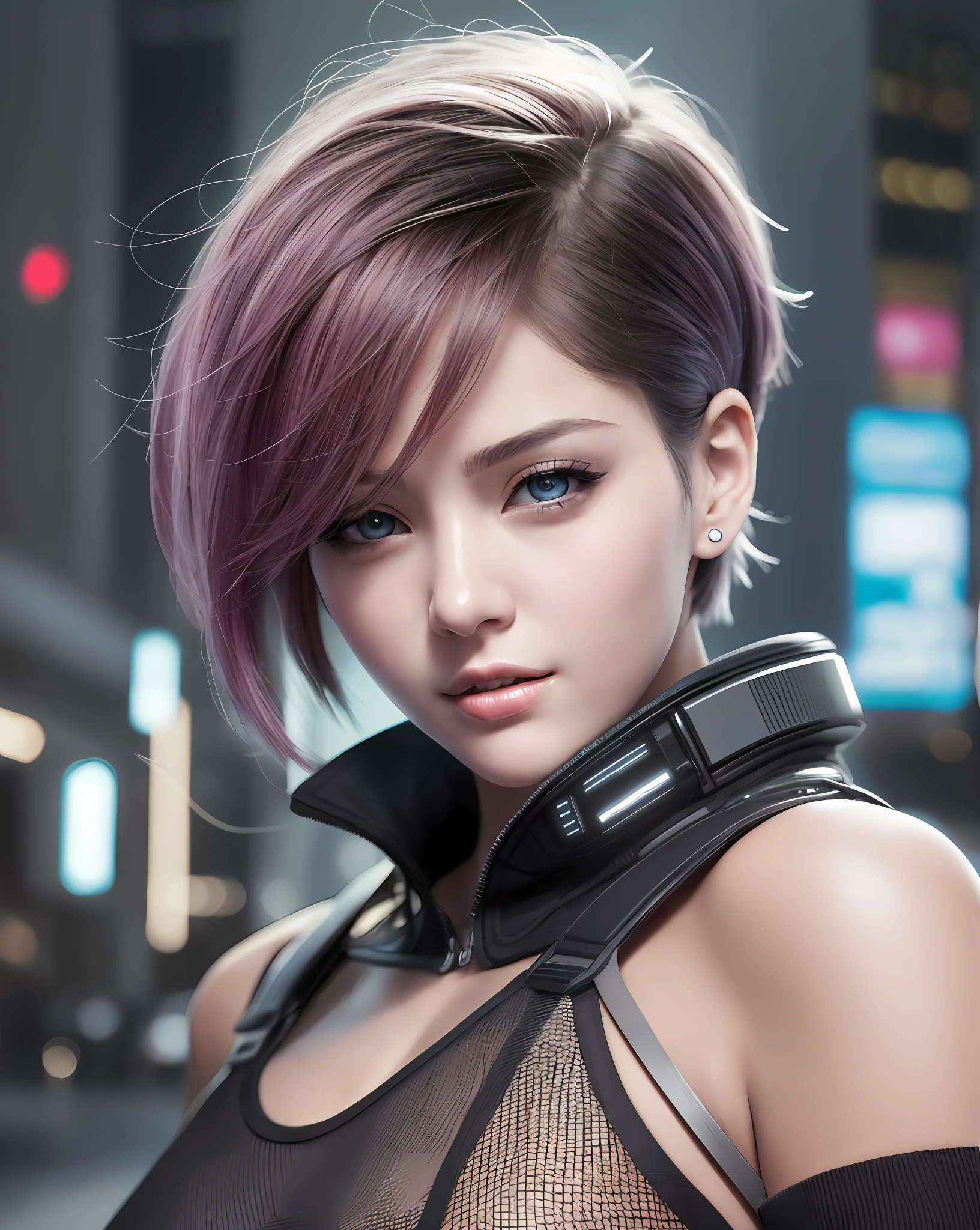 Top Quality, Ultra High Resolution, (Photorealistic: 1.4), Beautiful Eyes, Short Hair, Beautiful, Cyberpunk Girl, Staring at Viewer, Sweet Smile, Perfect Style, Detailed Skin, Naughty Gaze, Sexy Feeling, Near Future