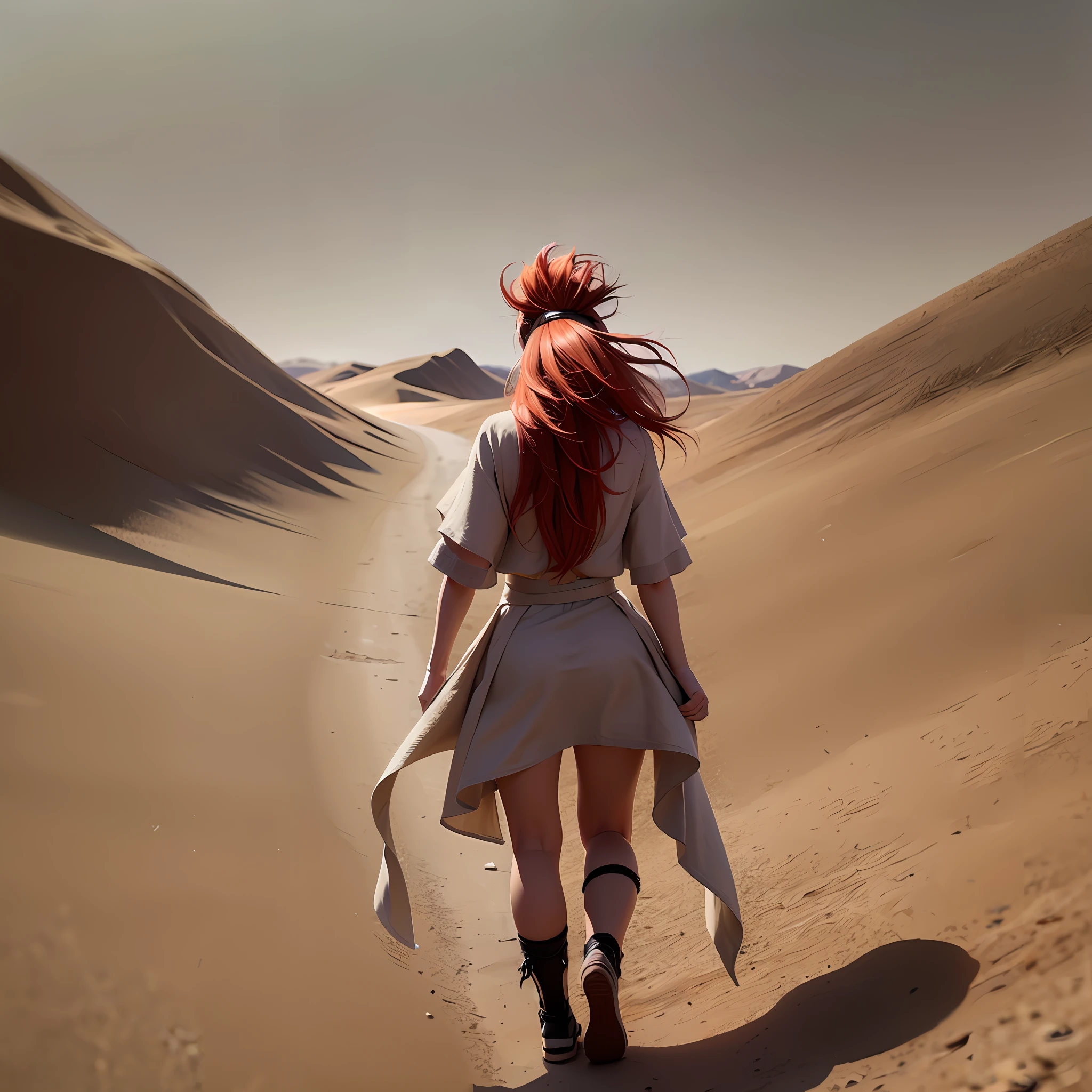 Desert, Sandstorm, HD, Realistic, woman walking, Back view of Woman, Red Hair, Hair flowing.