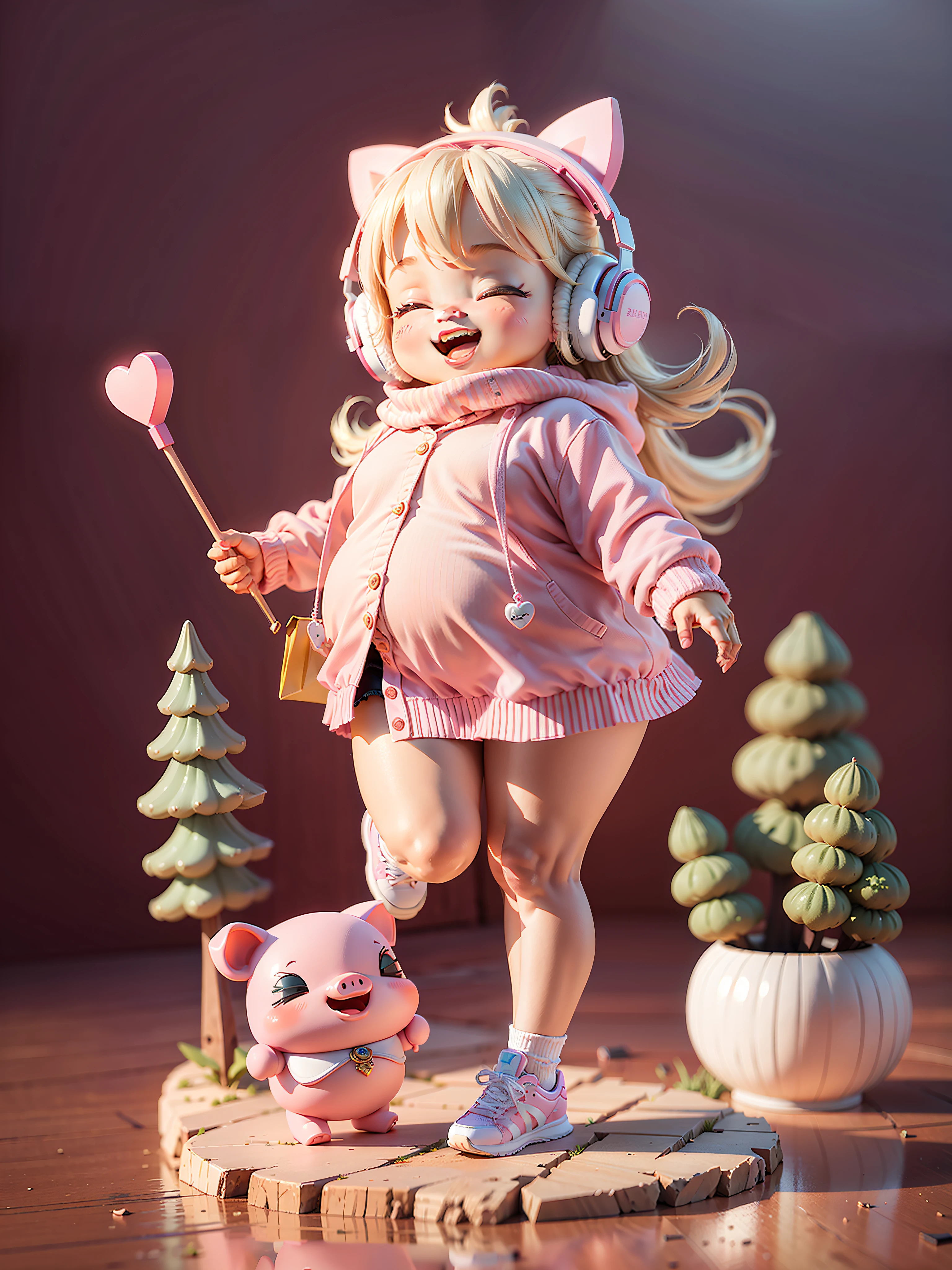 (Masterpiece), (Excellent), (Ultra Detailed), (Full Body: 1.2), (Solitary), Pink Theme, Piggy Magician, Cute, Open Mouth, Smile, Headphones, Chubby, Popmart Blind Box, Clay Texture, Stepping on the Earth, Black and White Background, Natural Light, Best Quality, Ultra Detail, 3D Art, C4D, OC Renderer, 3D Rendering, 8K