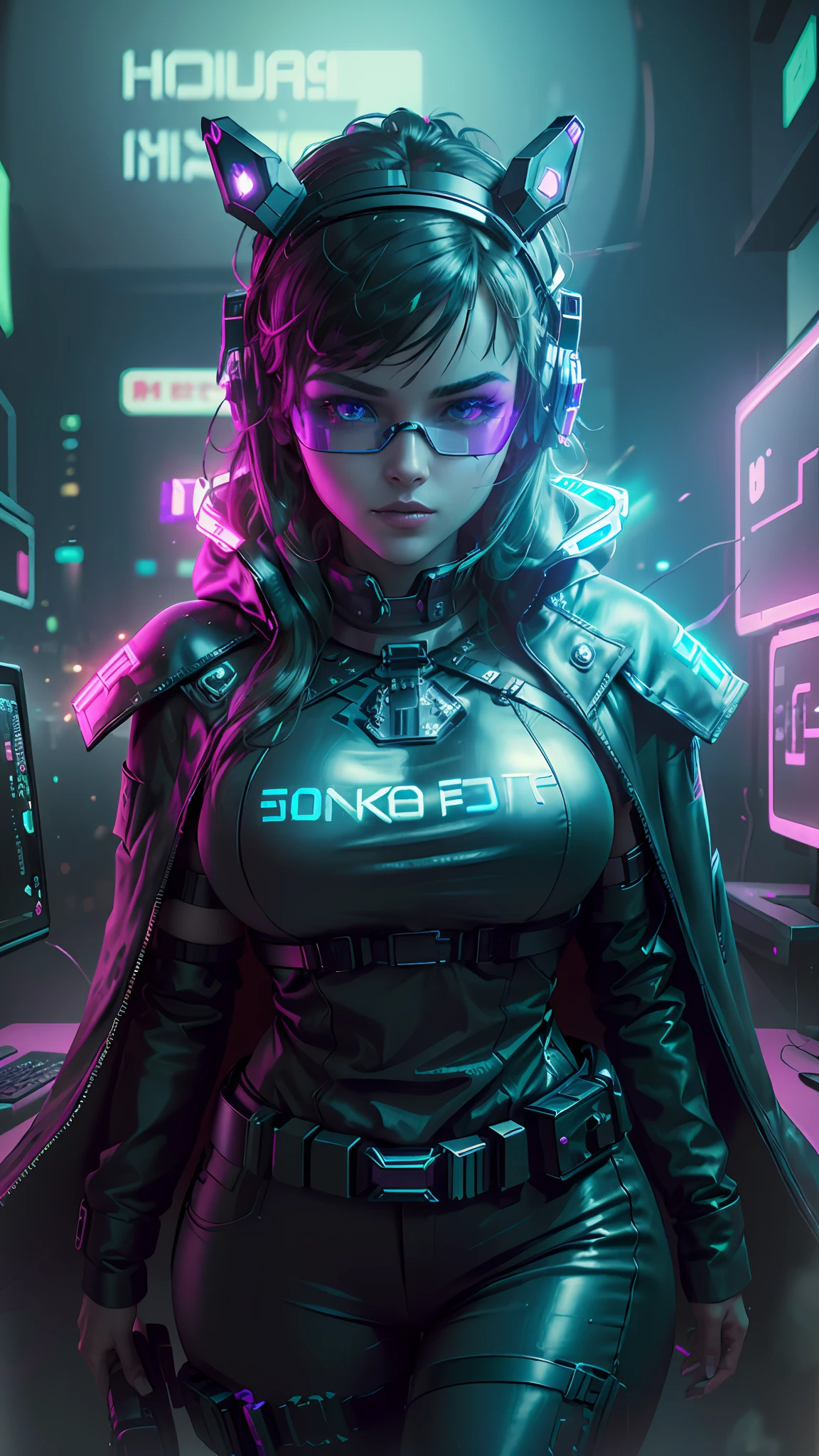 ((Best quality)), ((masterpiece)), (highly detailed:1.3), 3D,NeonNoir, beautiful cyberpunk woman,(wearing head-mounted display that is chunky and hi-tech:1.2),wearing a cape,hacking a computer terminal,PURPLE NEON LIGHT FROM MONITOR, GREEN NEON SIGNS ON THE WALL,