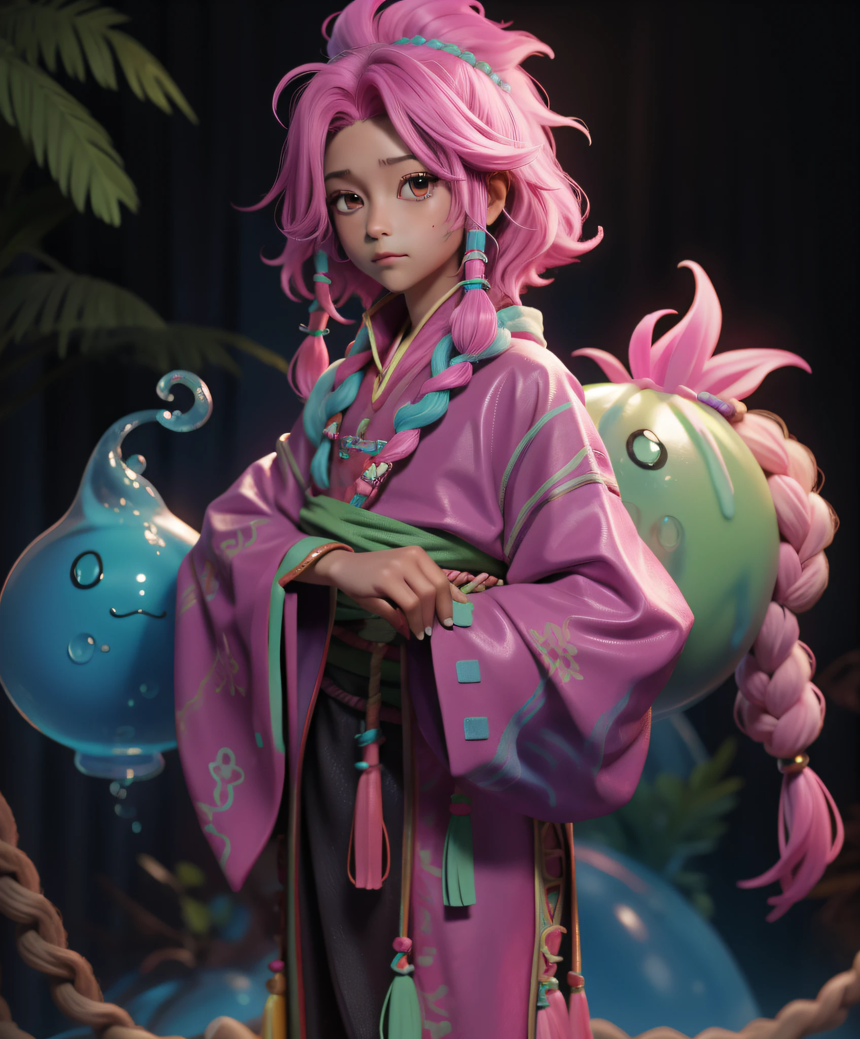 Slime boy, (slime), Razzmatazz Pink Slime hair Queue style, native american clothing, Masterpiece, Best Quality