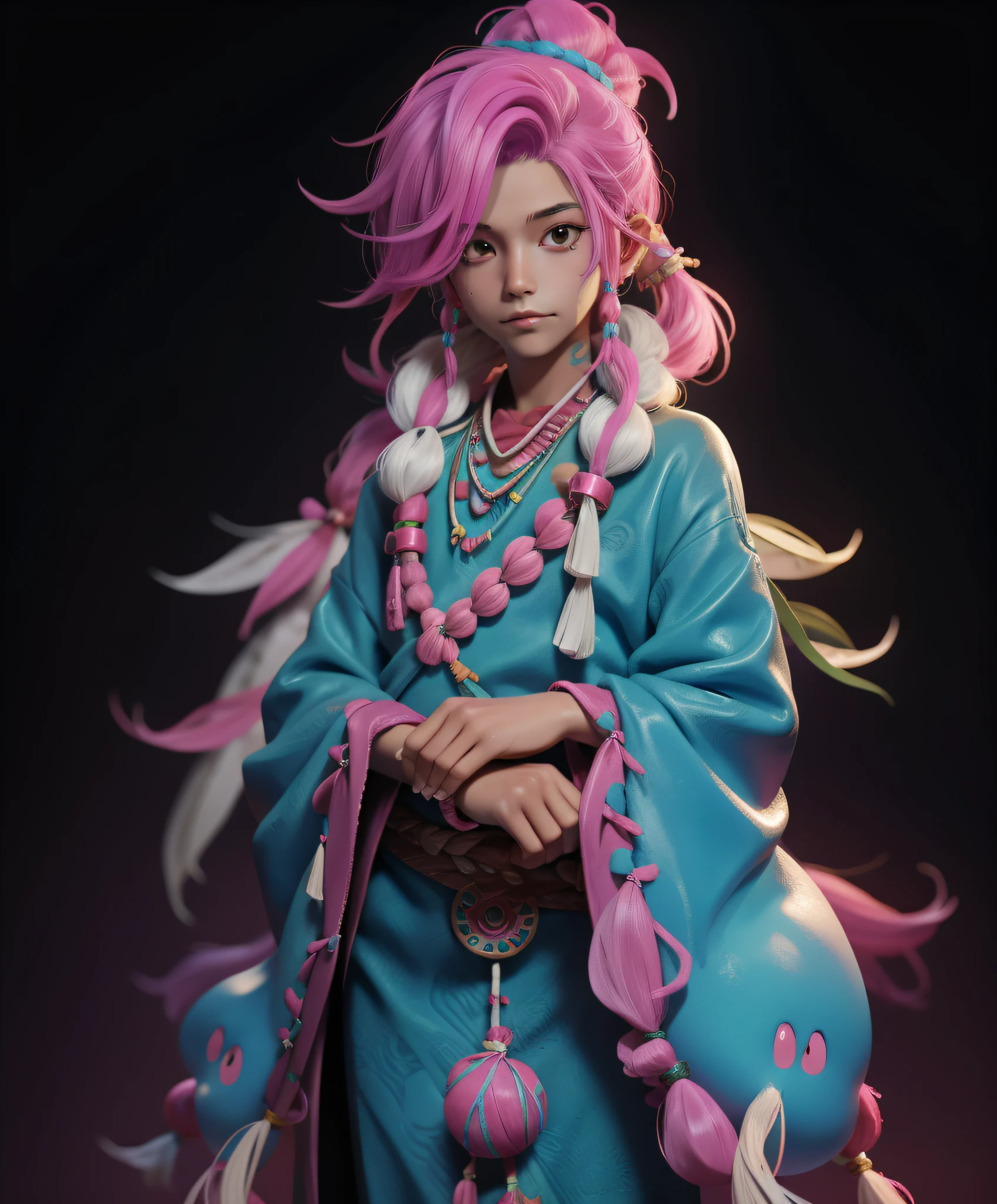 Slime boy, (slime), Razzmatazz Pink Slime hair Queue style, native american clothing, Masterpiece, Best Quality