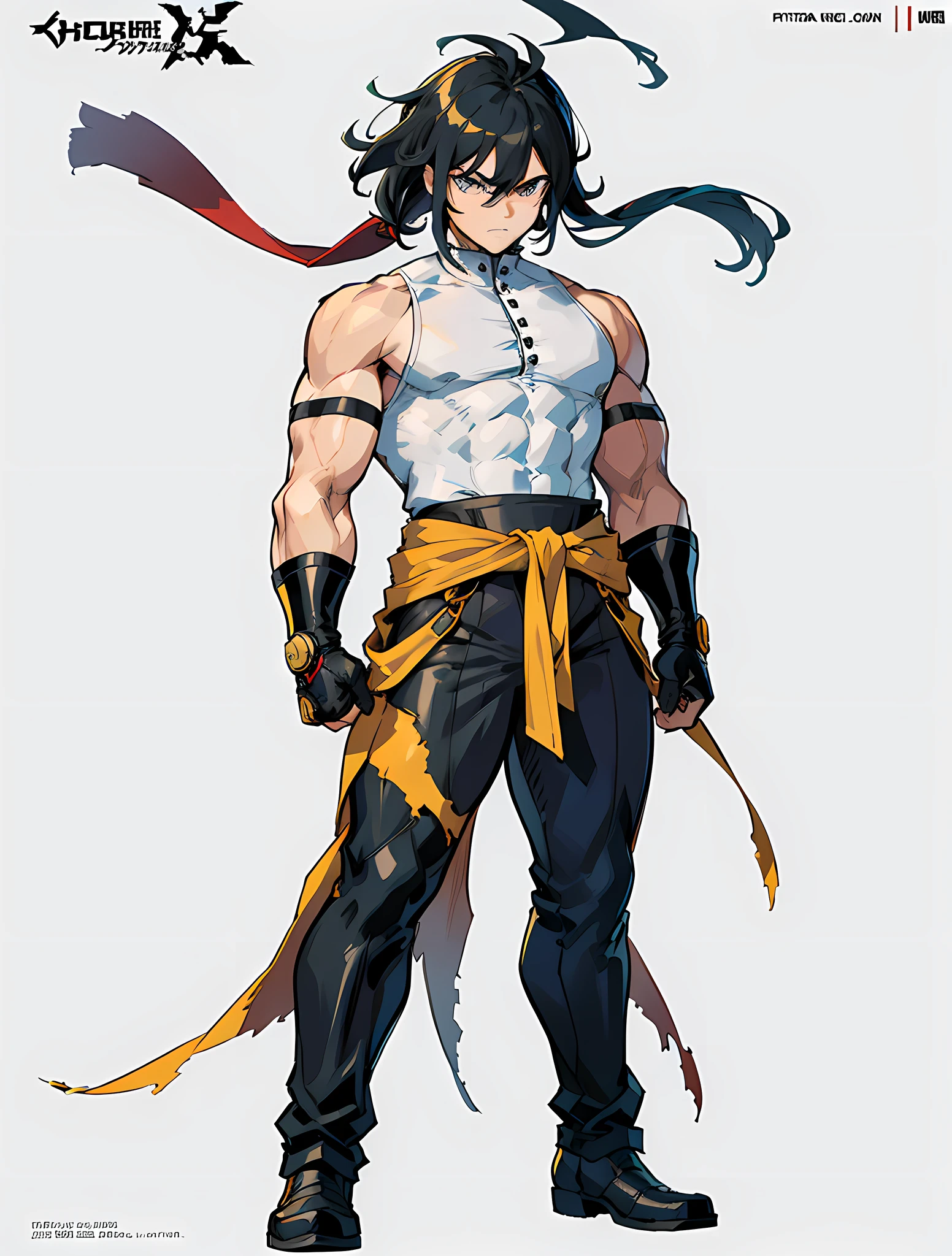 The manga cover you described is a visual masterpiece, combining the Guilty Gear -Strive- style with the artistic influence of Yusuke Murata. It is full of details and has several layers of colors, providing a rich and dynamic look. The background scene depicts a destroyed city, with rubble and ruins scattered all around. The scenery is engulfed in flames, which burn intensely, creating a chaotic and energetic environment. The protagonist is a young man of , with an imposing height of 1.85 meters. His skin is white and his eyes are striking, deep and black, conveying a fierce determination. His body is athletic and well-defined, with sculpted and trained muscles. Every anatomical detail is carefully represented, providing a sense of realism and strength. He wears a black shirt with blue accents, short sleeves that go down to his shoulders and a collar that covers his neck. The collar has a "V" detail, adding a stylish touch to your look. His pants are a greyish blue hue, complementing the shirt. He wears detailed boots in black color, with blue laces, which add an interesting contrast to his costume. A workout band is tied around his waist. Her hair is black as night and falls down to her shoulders, with movement in the wind, adding dynamism to the scene. His face expresses seriousness and defiance, conveying a relentless determination. He wears black gloves with gold accents, highlighting his strong and powerful fists. Your muscles are well defined and trained, displaying your strength and physical ability. The cover depicts the protagonist in a frontal pose, looking directly at the camera, intensifying his imposing and challenging presence. The bustling city in the background conveys the feeling of life and energy, with stronger colors in Mappa style. The muscular details of his arms are emphasized, further highlighting his strength and endurance. The cover is created in high definition 4K, I allowed