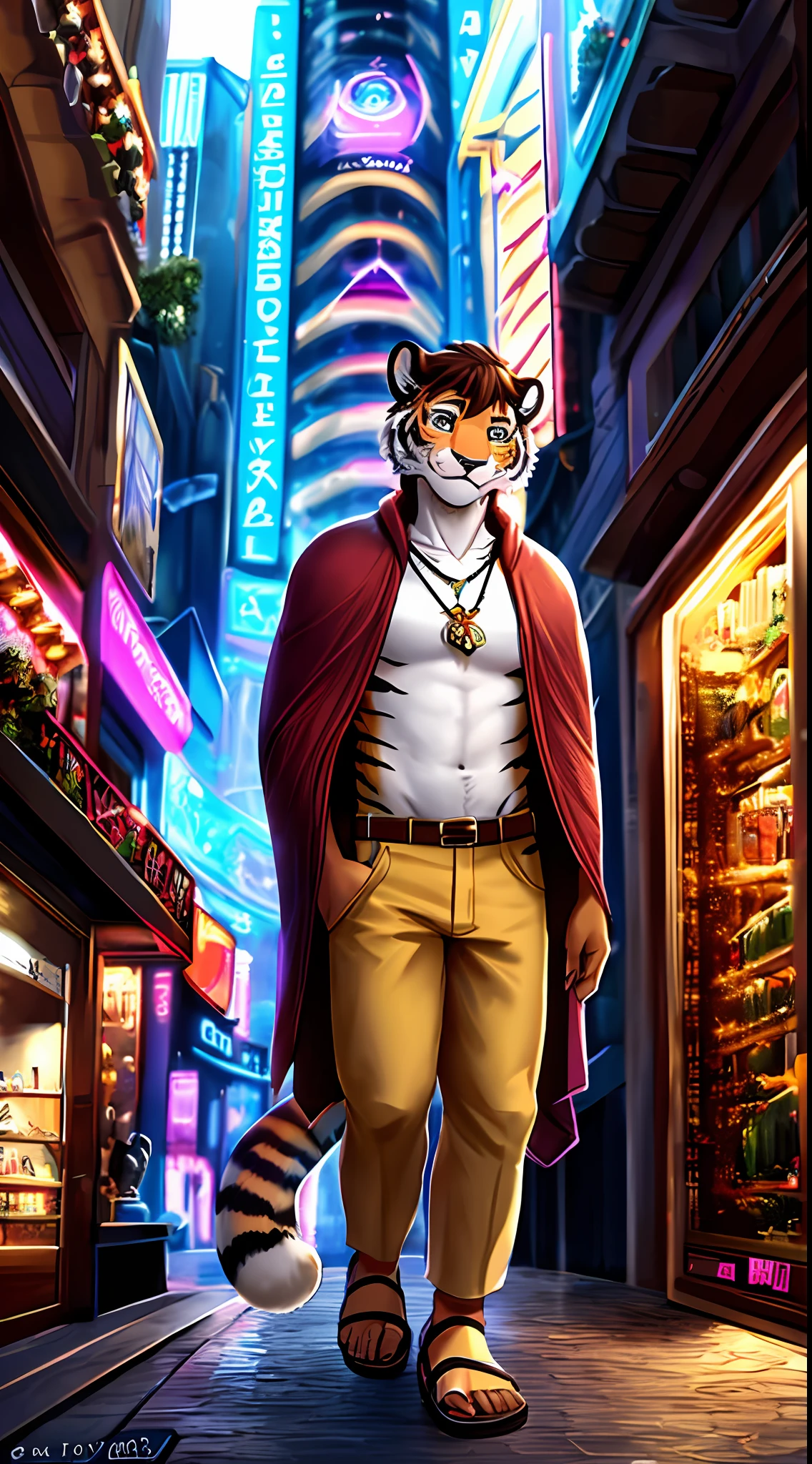 Anthro, white tiger, full body, male, adult, hand paws, tail, strong, light poncho, light short pants, sandals, fancy modern clothing, ornate clothing, necklace with pendant, short brown hair, abdomen on display, innocent look, warm expression, hairy body, 8K, dynamic lighting, ultra detailed, masterpiece, street of a futuristic city.