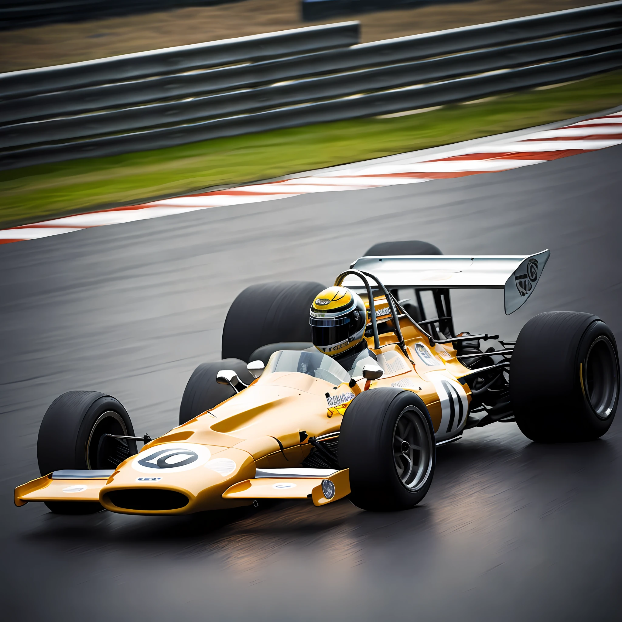 . (m14a f1 car 70s) racing drived by an angry (rz88mkultr4 cyborg driver), that show his internal mechanical, rainy day, masterpiece, best quality, anime, highly detailed background, perfect lighting, best quality, 4k, 8k, ultra highres, raw photo in hdr, sharp focus, intricate texture, best quality, 4k, 8k, ultra masterpiece, 4K, high quality, dgtlv2