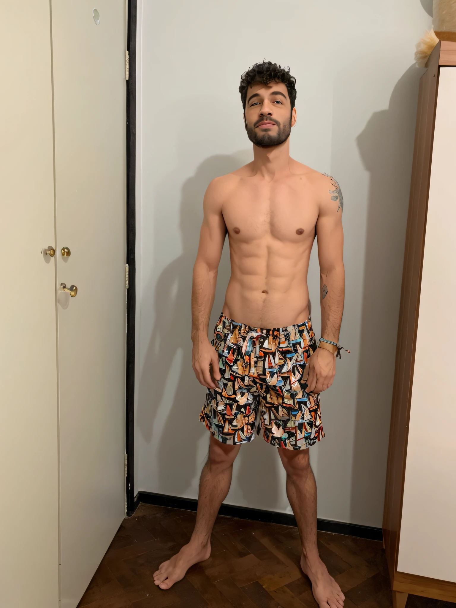 arafed man in a colorful patterned shorts stands in a room, full body picture, not wearing many clothes, fit pic, is wearing a swimsuit, frontal pose, full body portrait of a short!, young man with short, full body frontal view, full body pictures, mid-shot of a hunky, full body wide shot, middle body shot, wearing only pants