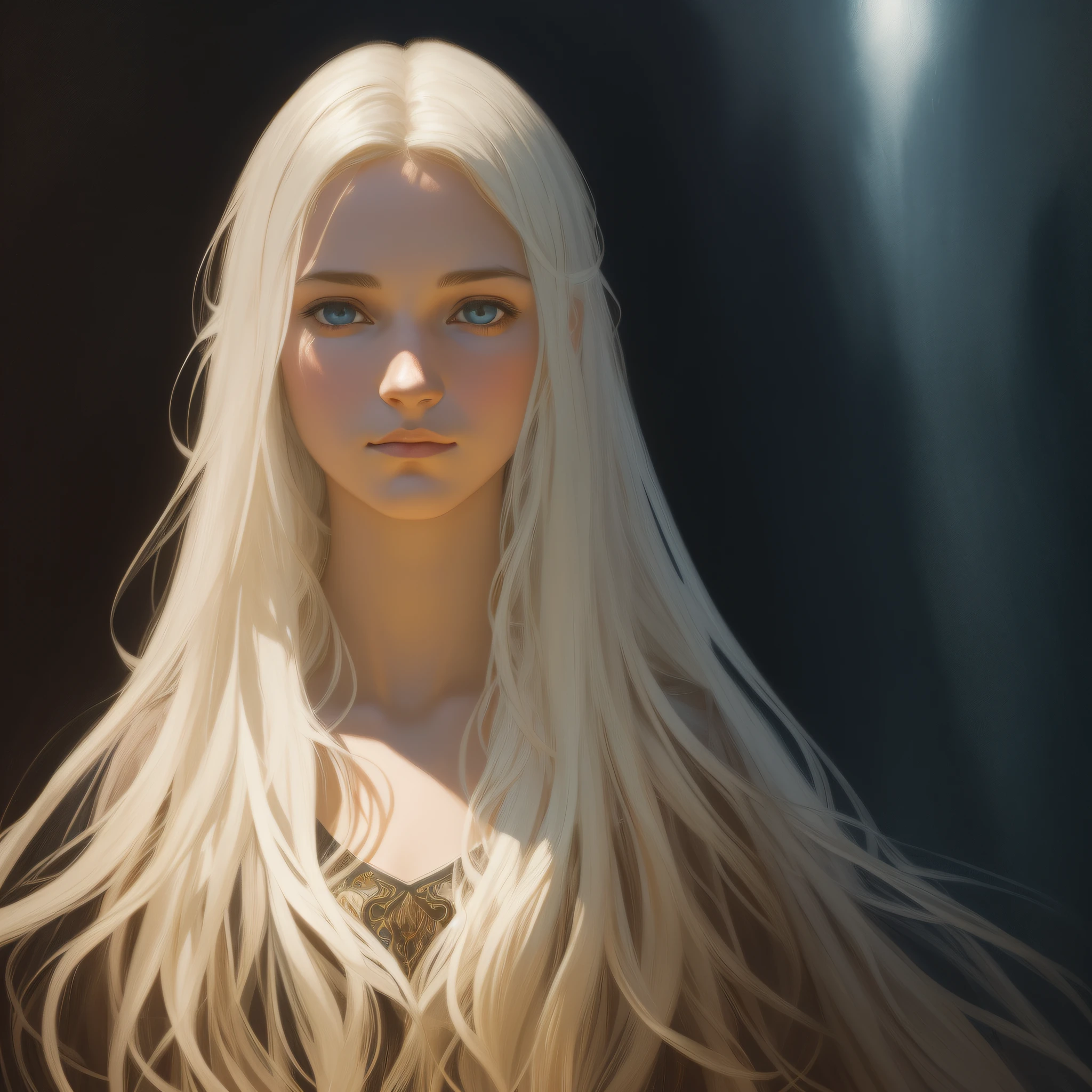 (front focus), (in the dark:1.6), Hyperrealist portrait of female by david hockney and alphonse mucha, fantasy art, photo realistic, dynamic lighting, artstation, poster, volumetric lighting, very detailed faces, 4 k, award winning, 1girl, in the dark, deep shadow, low key, cowboy shot, (official clothing:1.4), long hair, white hair