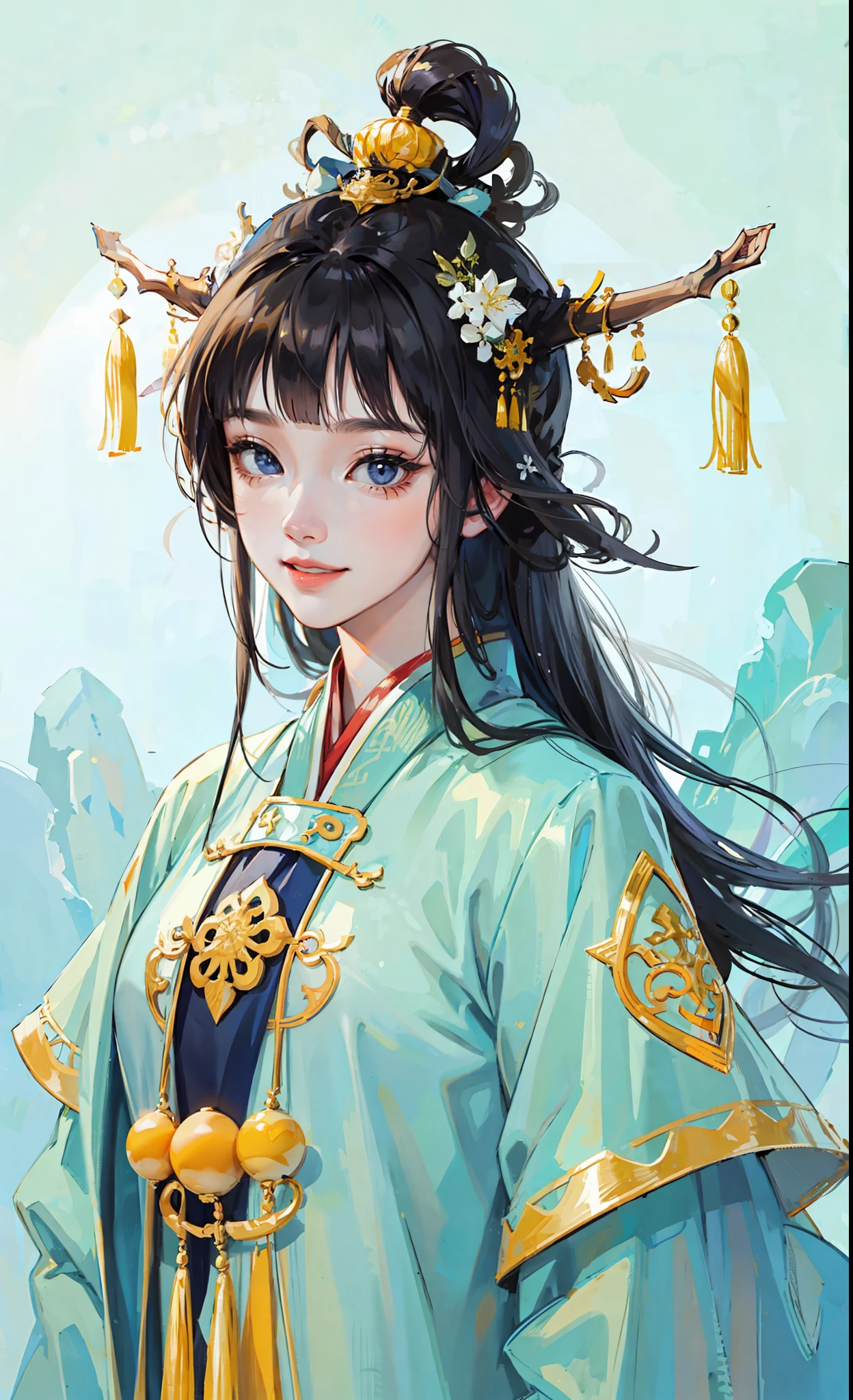 A girl, ancient Chinese costume, whole body, sunshine, clear face, clean white background, masterpiece, super detail, epic composition, ultra HD, high quality, extremely detailed, official art, uniform 8k wallpaper, super detail, 32k, ((blunt bangs)), extremely detailed character, detailed lips, dark blue hair, hinata/(boruto/), smile, ((long hair))