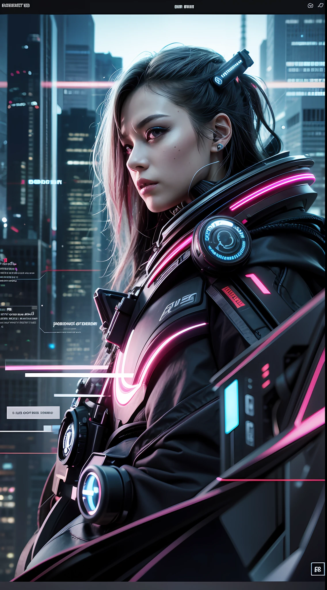 Cyberpunk Design, UI, Ultra High Definition, Top Quality, Elaborate Details, Perfect Focus, Geometric Interface