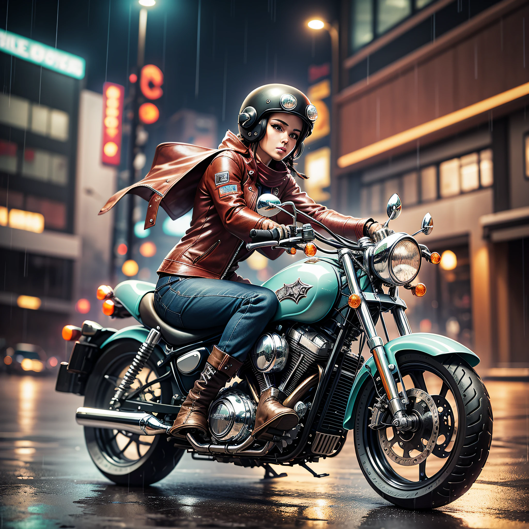 Chopper style motorcycle riding in the rain at night --auto --s2
