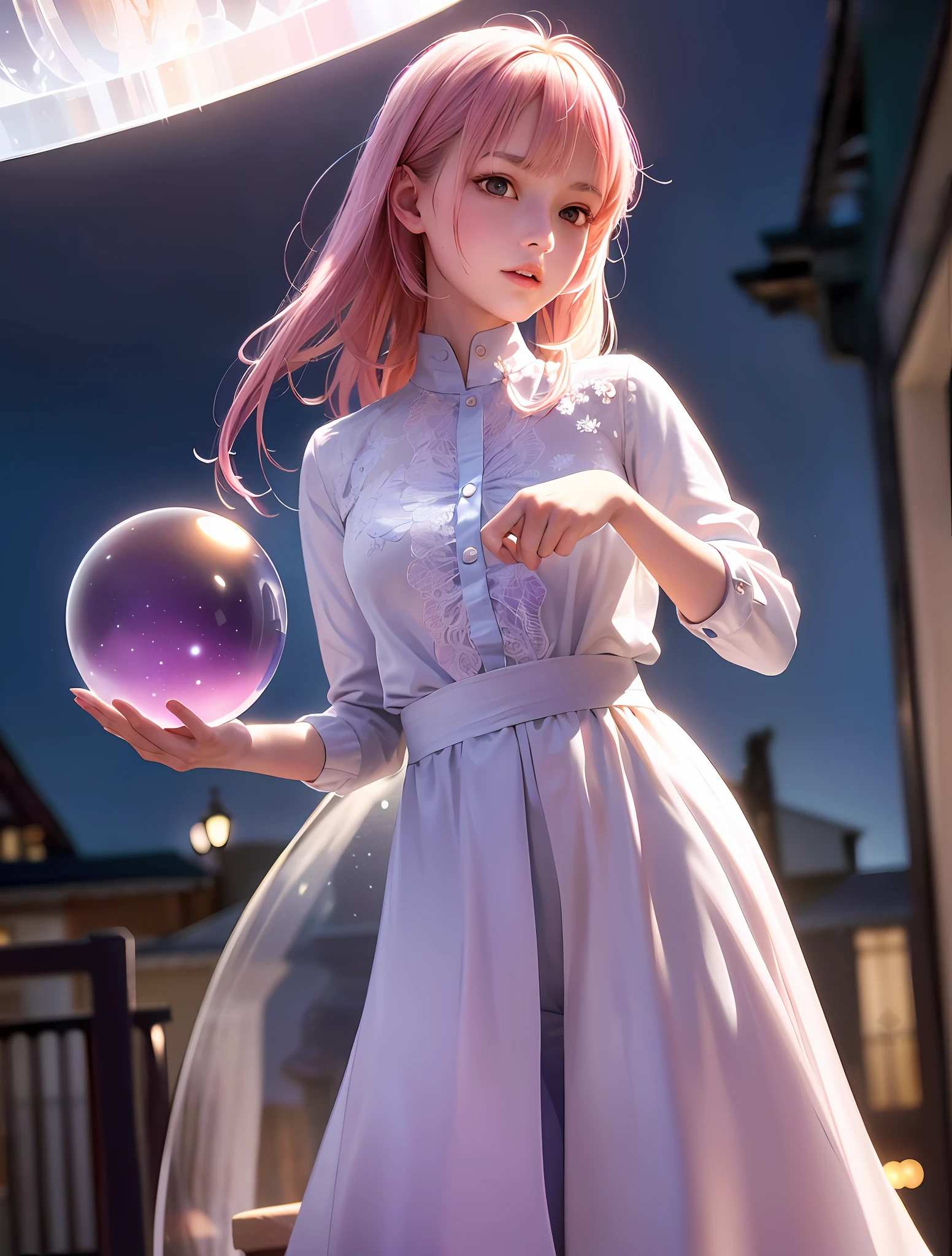 (RAW photo: 1.2), ((photorealistic: 1.4), (masterpiece: 1.3), (best quality: 1.4), ultra high res, (detailed facial features), (detailed clothing features), HDR, 8k resolution, tight skin, (shiny skin), (extremely detailed illustration), 1girl, 18 years old, clean, flowered long-sleeved oriental formal shirt, full body, inside a crystal ball, in front of an old house at night, Colors pink, purple, blue and white