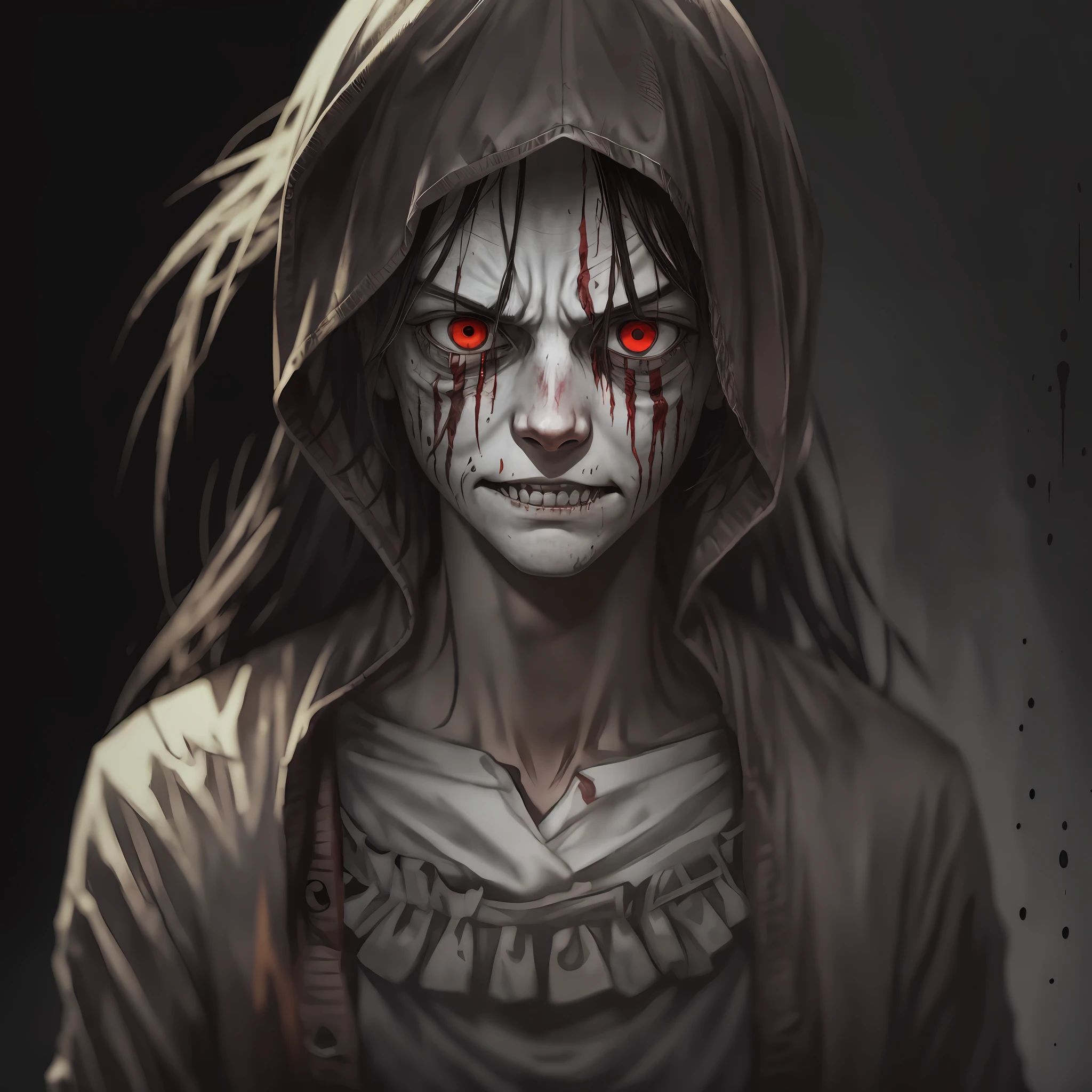 Please generate a realistic image of Jeff the Killer with a creepy and sinister expression. Ensure that the facial details are well-defined, including his pale and mask-like skin, large and menacing eyes, and a wide and disturbing smile. Add dramatic shadows to enhance the eerie atmosphere of the image. The overall composition should convey a sense of fear and discomfort. Please make sure the image is high-quality and realistic. The goal is to capture the terrifying essence of the character Jeff the Killer. --auto --s2