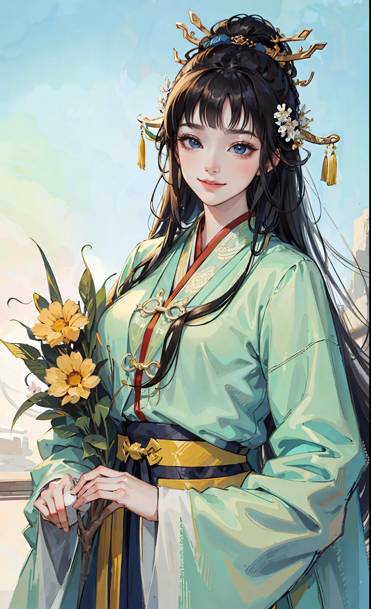 A girl, ancient Chinese costume, whole body, sunshine, clear face, clean white background, masterpiece, super detail, epic composition, ultra HD, high quality, extremely detailed, official art, uniform 8k wallpaper, super detail, 32k, ((blunt bangs)), extremely detailed character, detailed lips, dark blue hair, hinata/(boruto/), smile, ((long hair))
