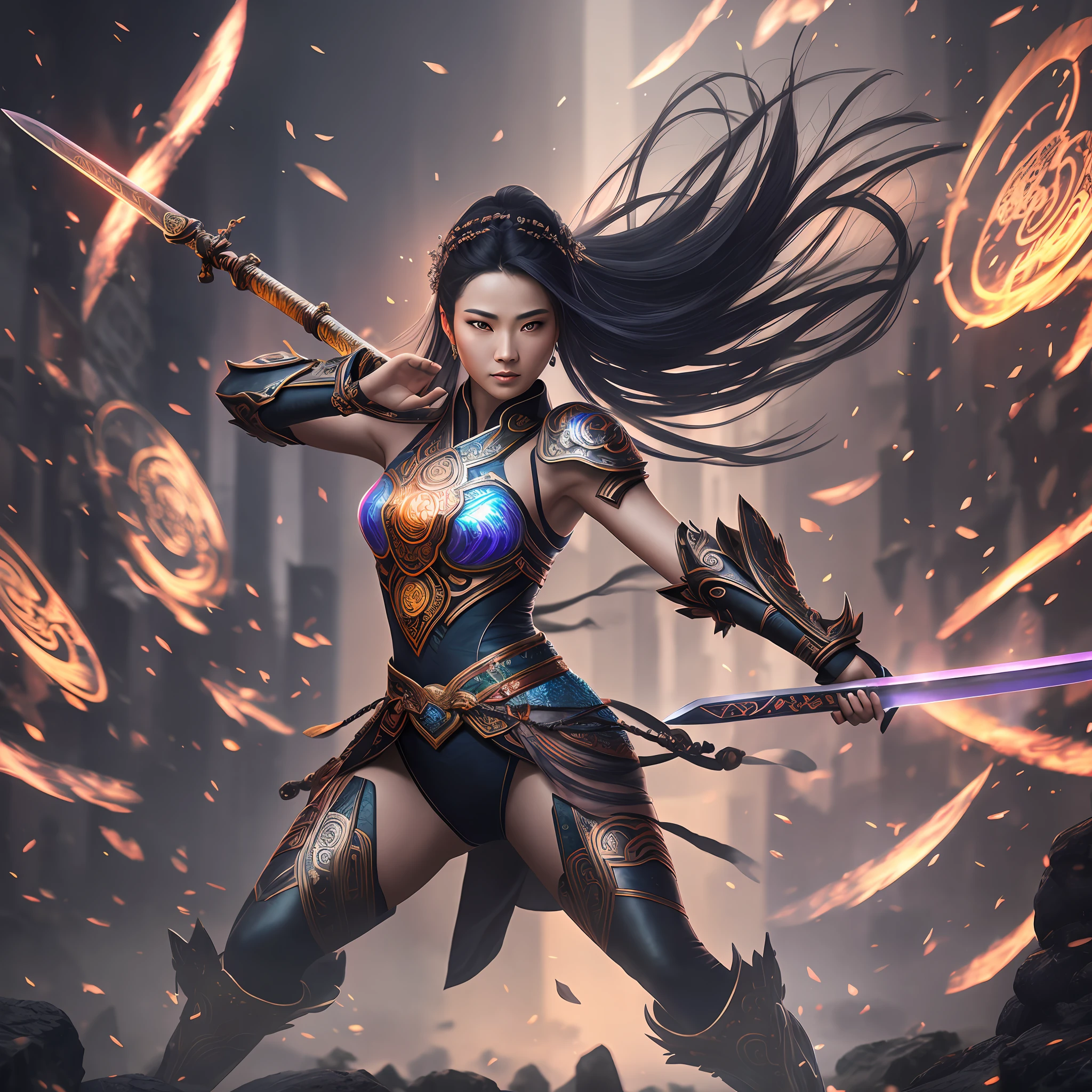 Ancient beautiful woman holding a sword, dynamic movement, vivid and full of energy, full body, movie shot, surrounded by halo, in the style of influenced by ancient chinese art, Fantasy style martial arts style traditional techniques reimagined, octane rendering ultra-realistic, cinematic lighting, ultra high definition, high detail, high quality, 16K, uhd, smooth strokes, dusk, holographic display, dynamic blur, Cyberpunk style, amazing epic ancient Chinese theme, --ar 4:5 --niji 5 --s 180 --auto --s2
