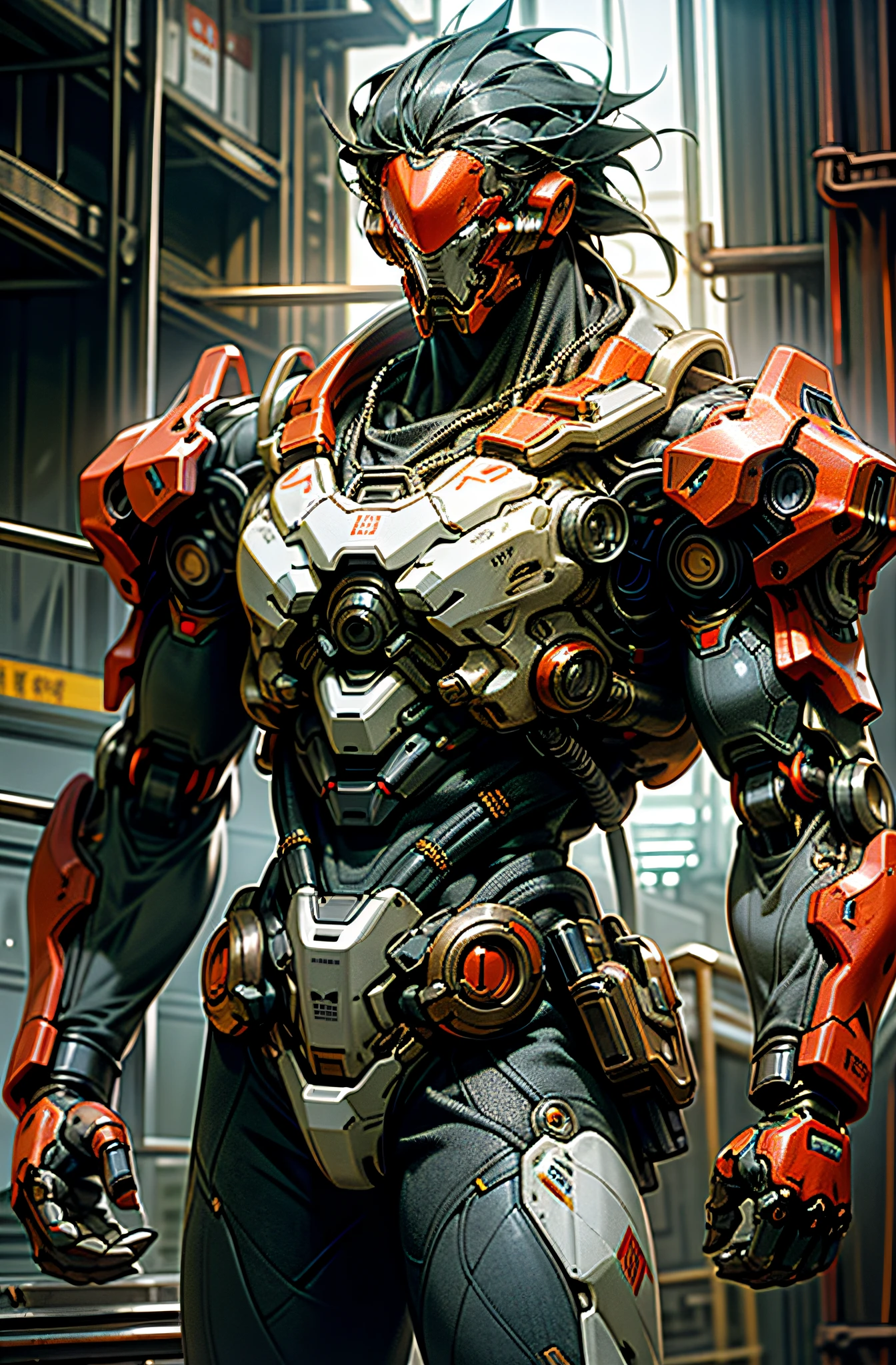 8K wallpapers, ultra-detailed works, cinematic lighting, realistic photos, Dark_Fantasy, Cyberpunk, (chain saw, chain saw man, Red: 1.1), 1man, Mechanical marvel, Robotic presence, Cybernetic guardian, wearing a worn-out mech suit , intricate, (steel metal [rust]), elegant, sharp focus, photographed by greg rutkowski, soft lighting, vibrant colors, masterpiece, ((street)), cowboy shot, dynamic pose,